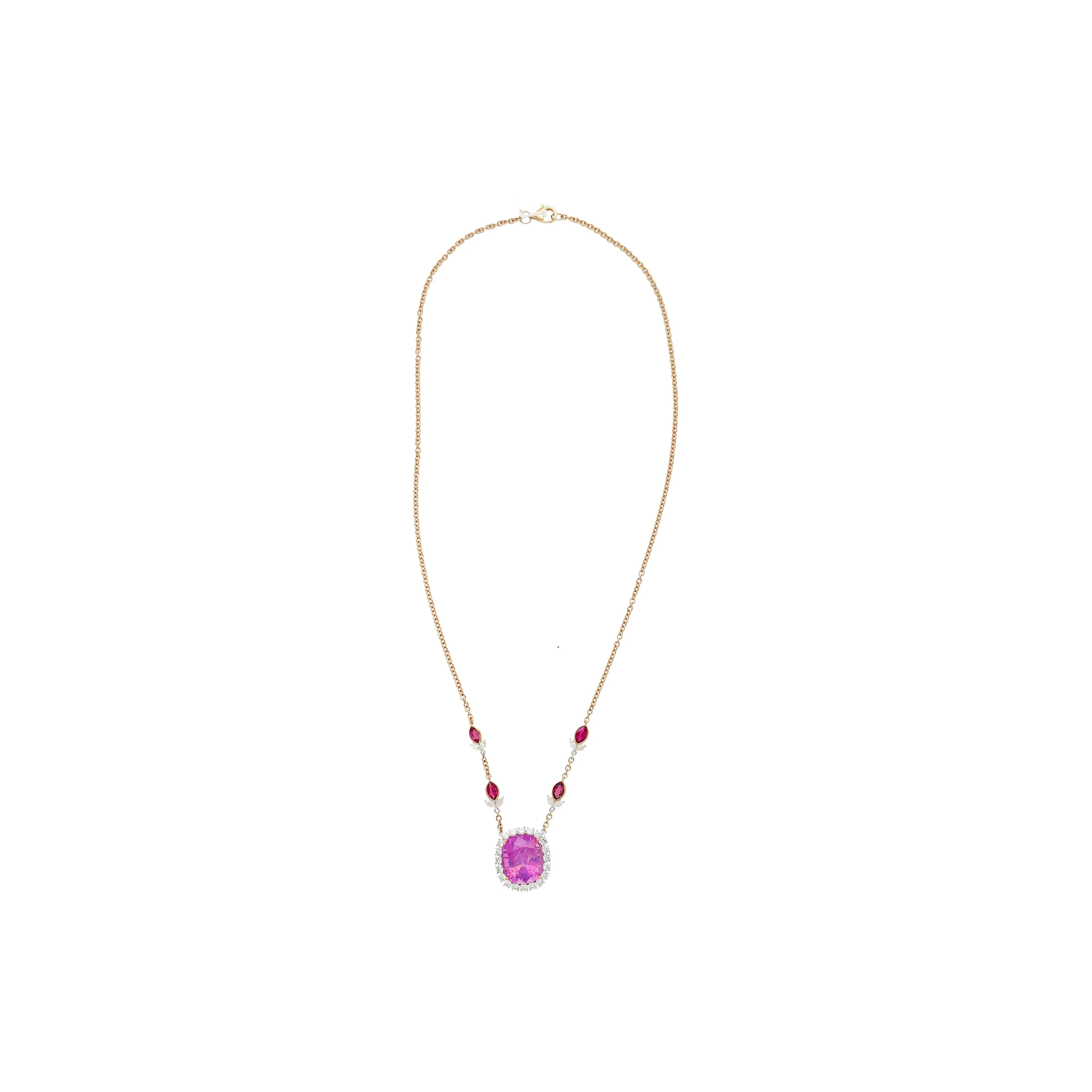 AGL Certified 10.26 Carat Cushion Cut Pink Sapphire, Ruby, & Diamond Necklace - Image 6