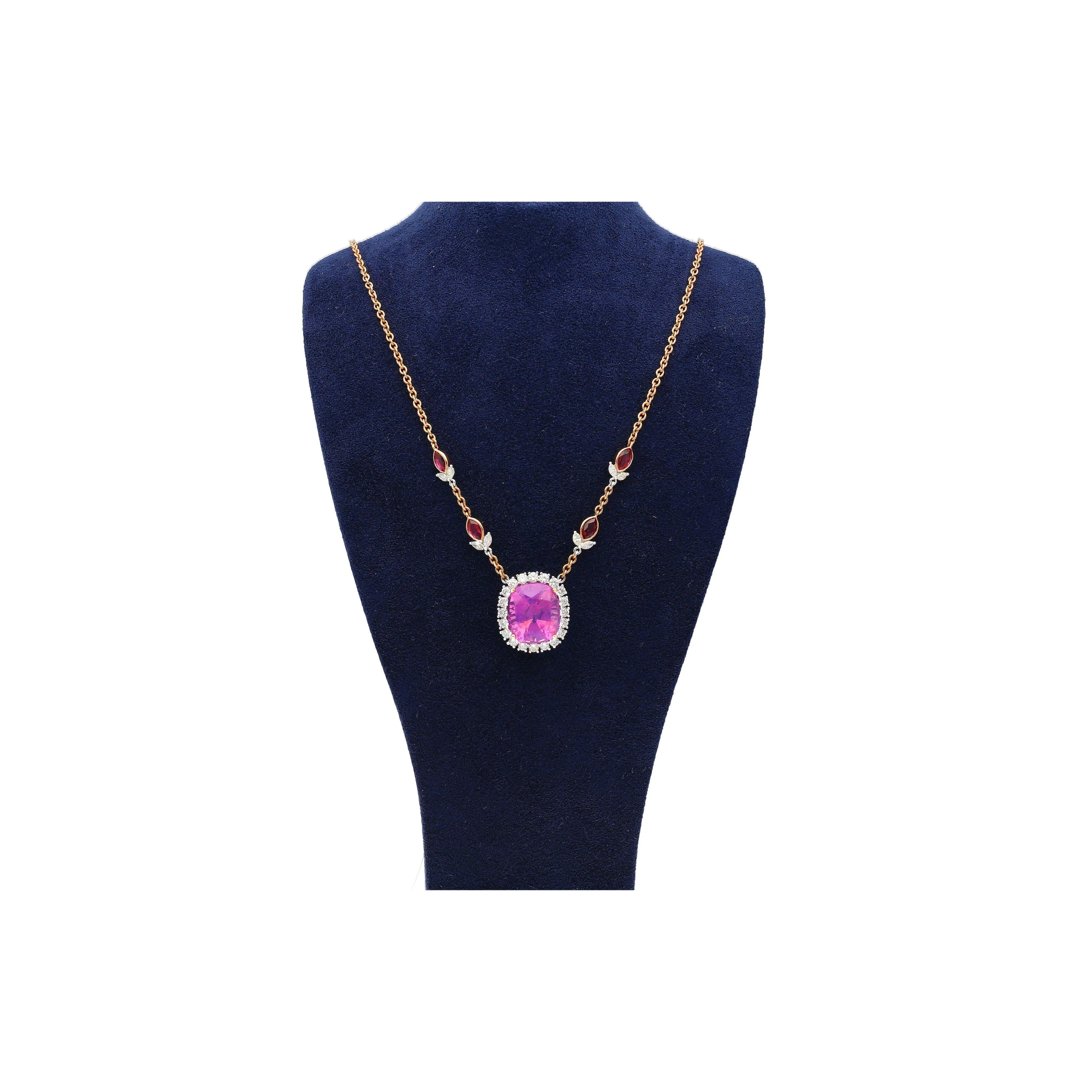 AGL Certified 10.26 Carat Cushion Cut Pink Sapphire, Ruby, & Diamond Necklace - Image 8