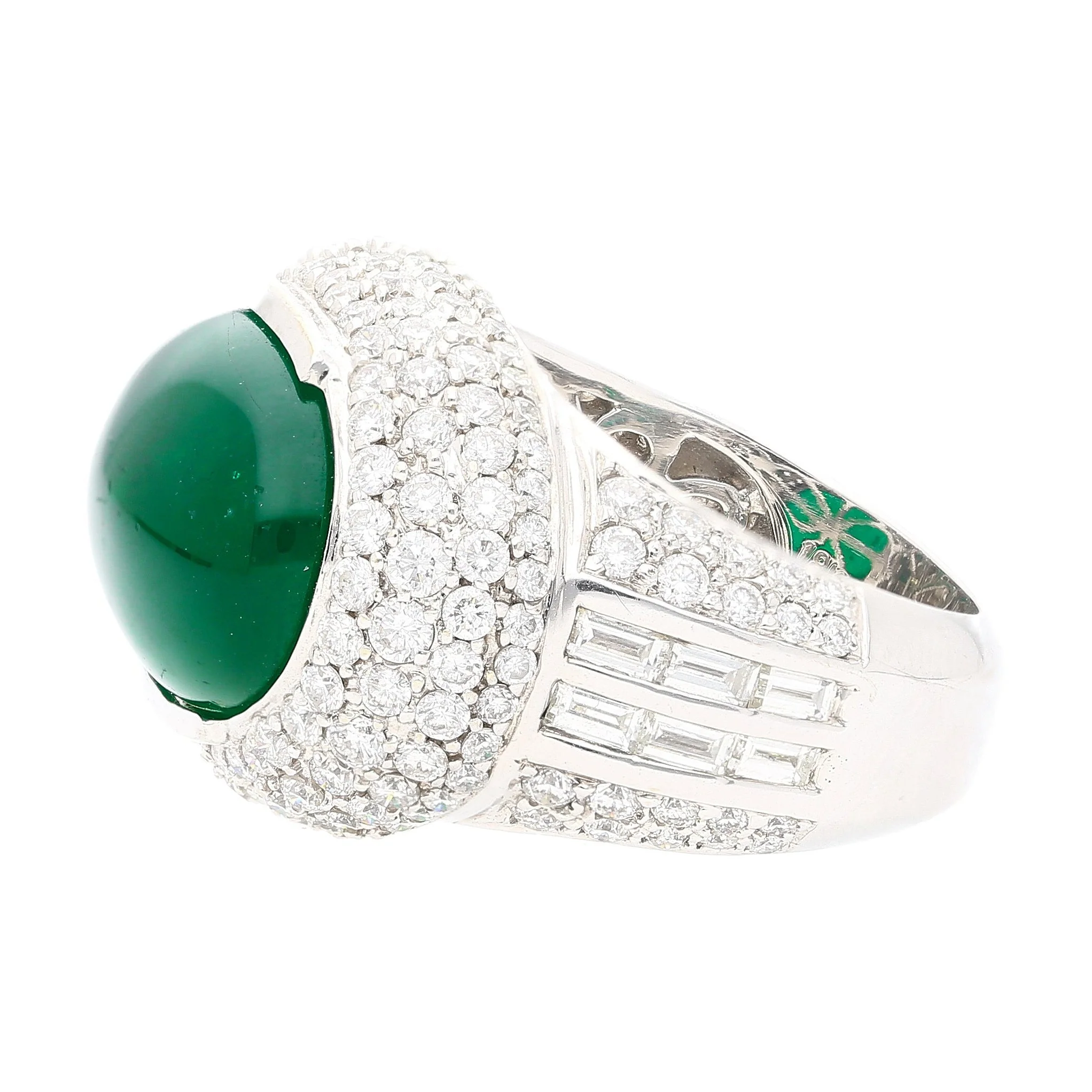 AGL Certified 10 Carat Cabochon Cut Minor Oil Emerald and Diamond Cluster Ring in 18K White Gold - Image 10