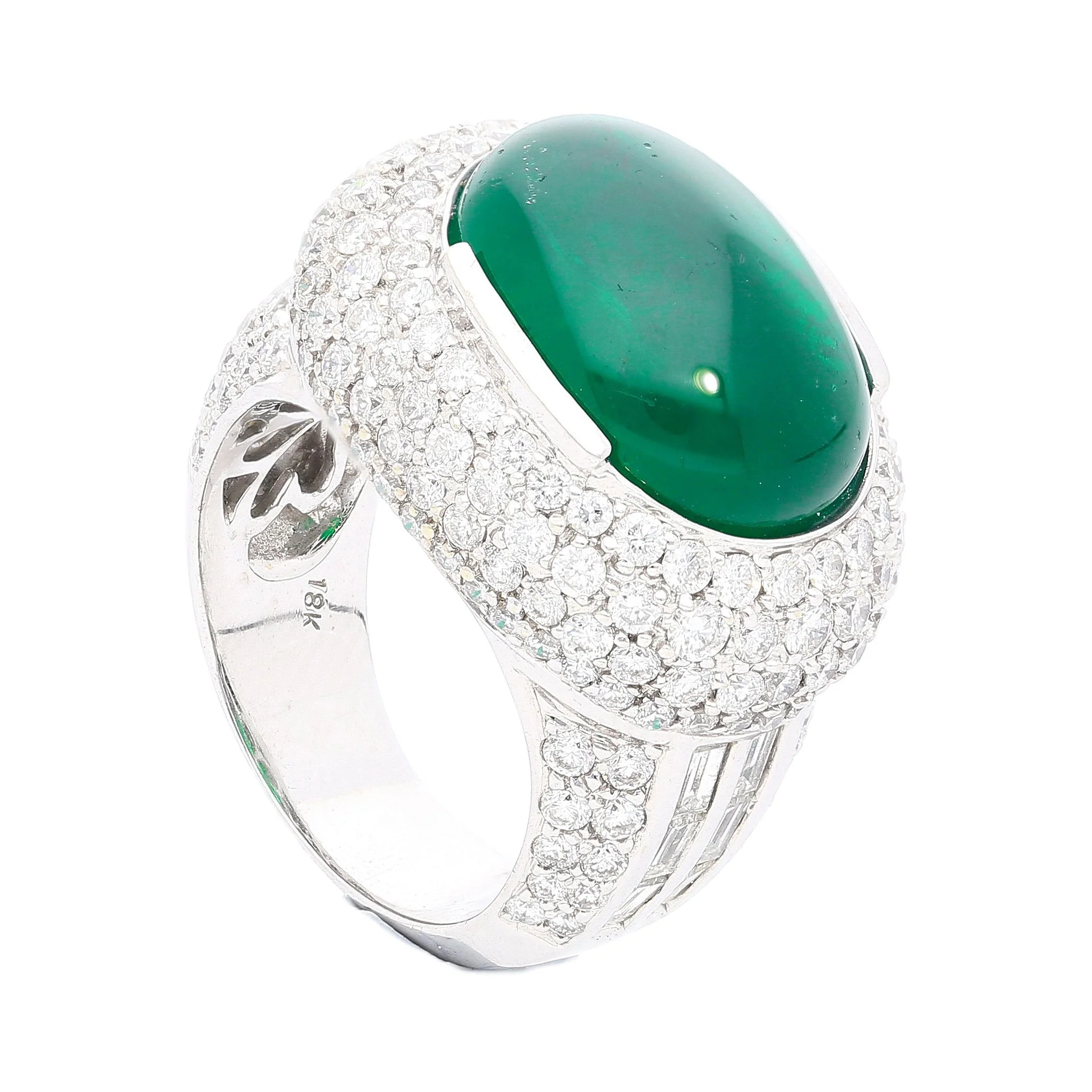 AGL Certified 10 Carat Cabochon Cut Minor Oil Emerald and Diamond Cluster Ring in 18K White Gold - Image 12