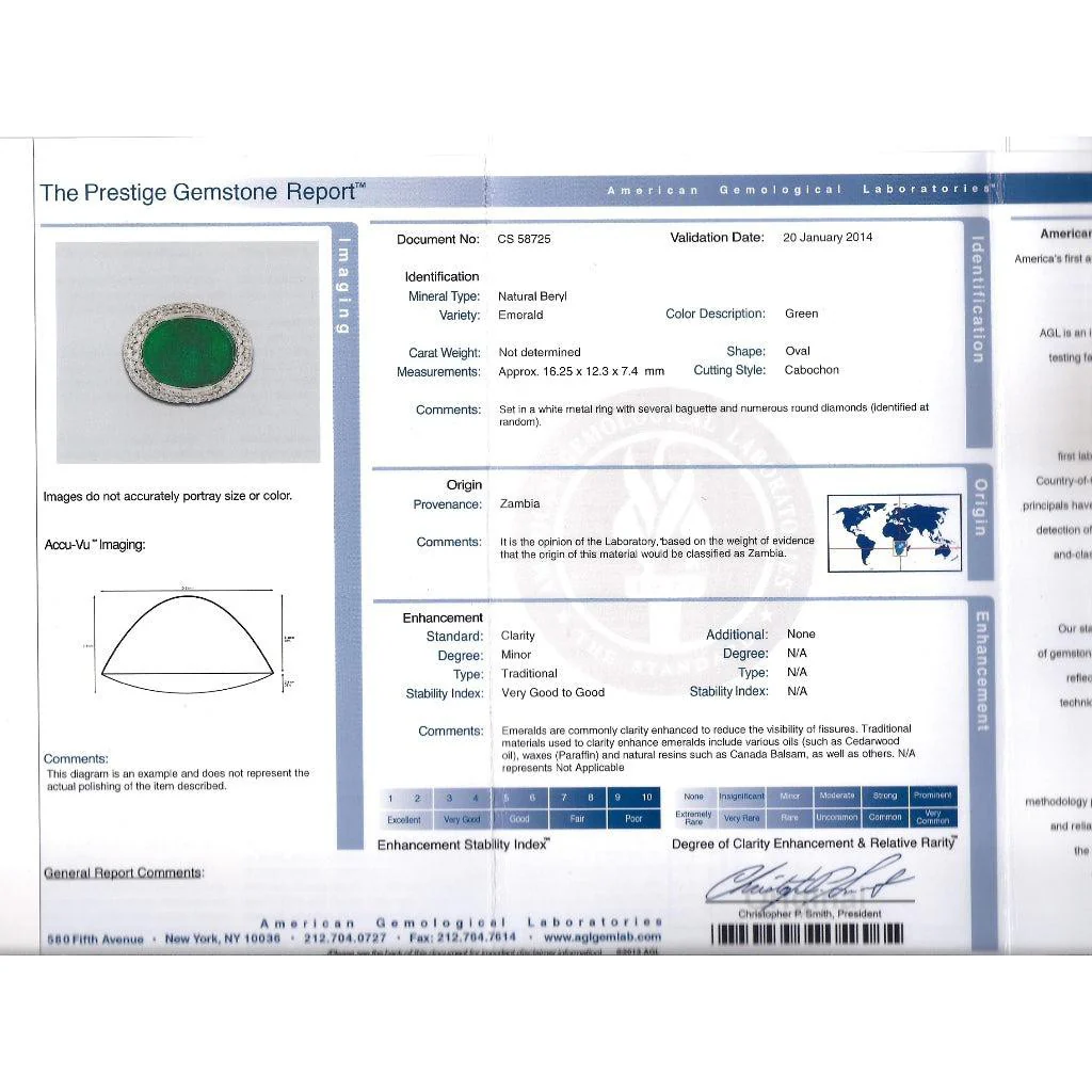 AGL Certified 10 Carat Cabochon Cut Minor Oil Emerald and Diamond Cluster Ring in 18K White Gold - Image 17