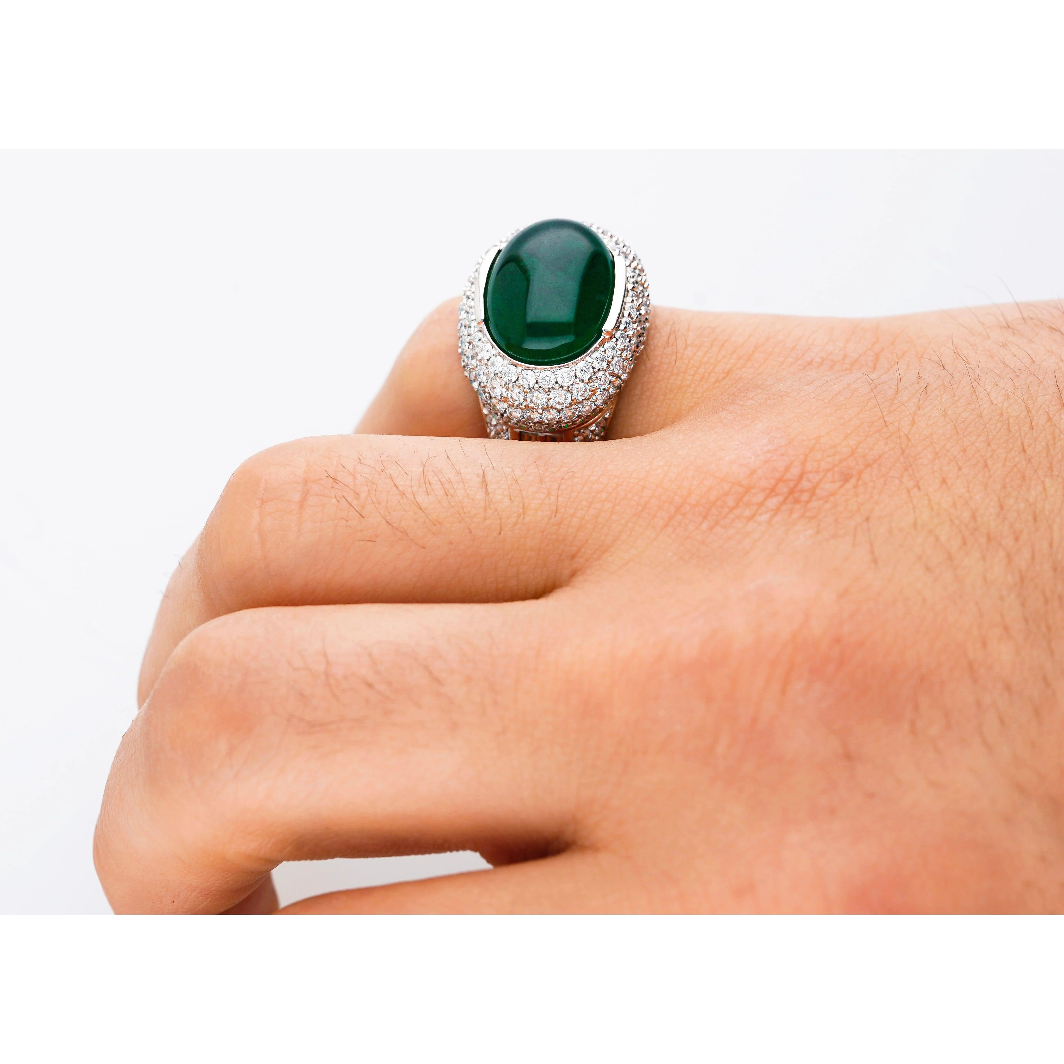 AGL Certified 10 Carat Cabochon Cut Minor Oil Emerald and Diamond Cluster Ring in 18K White Gold - Image 6