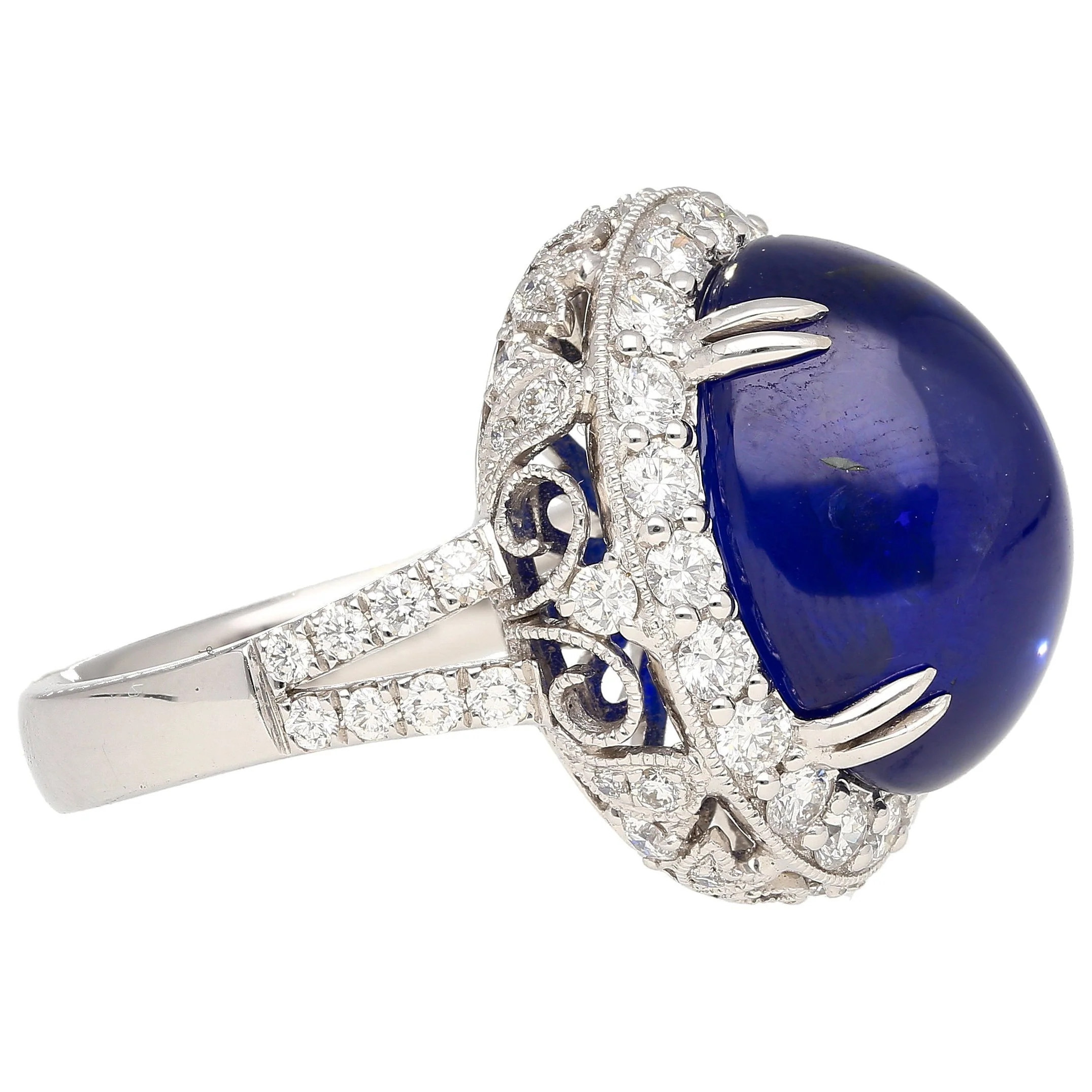 AGL Certified 16.68 Carat Cabochon Cut Ceylon Blue Sapphire Ring with Diamond Halo and Filigree Set 18K White Gold - Image 2