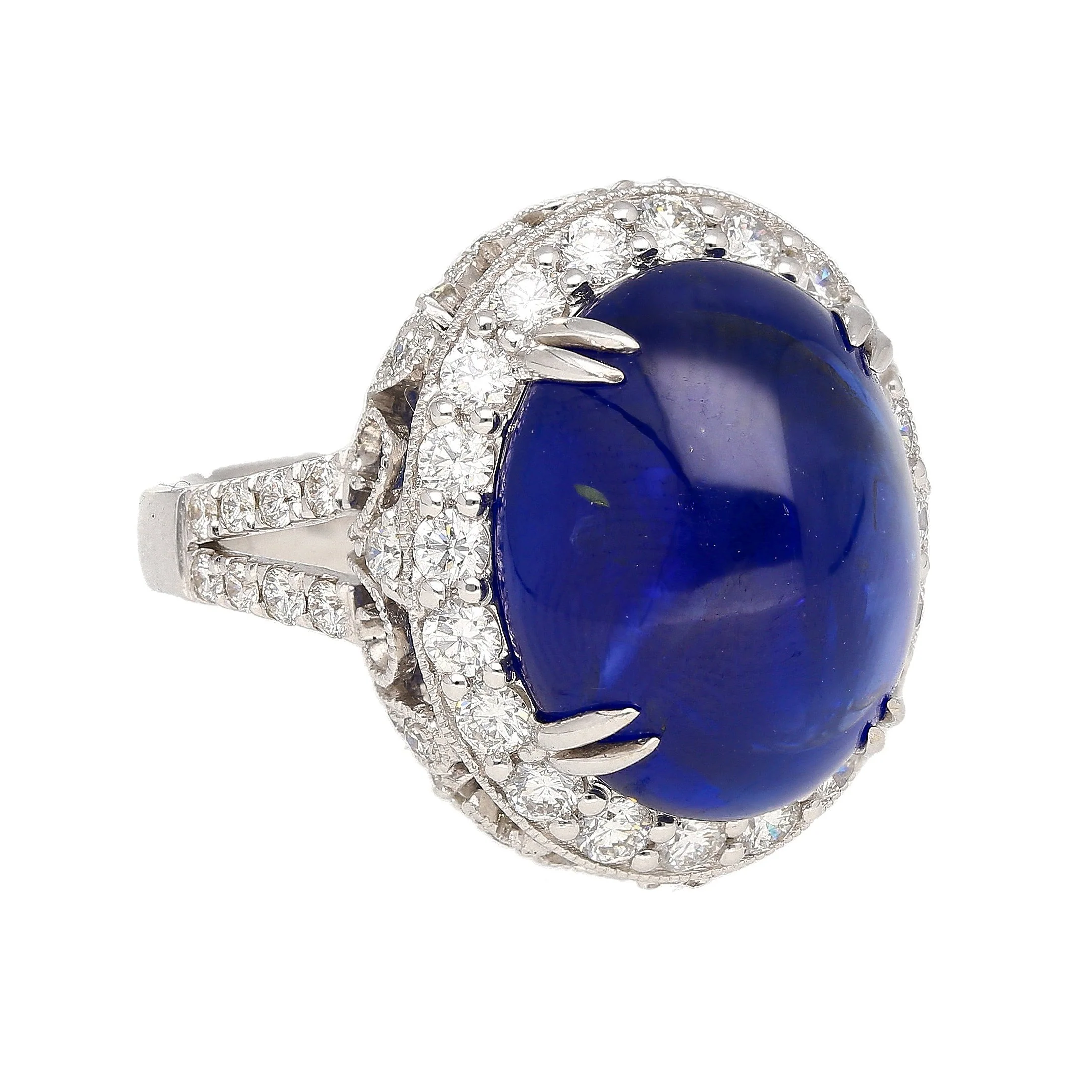 AGL Certified 16.68 Carat Cabochon Cut Ceylon Blue Sapphire Ring with Diamond Halo and Filigree Set 18K White Gold - Image 3