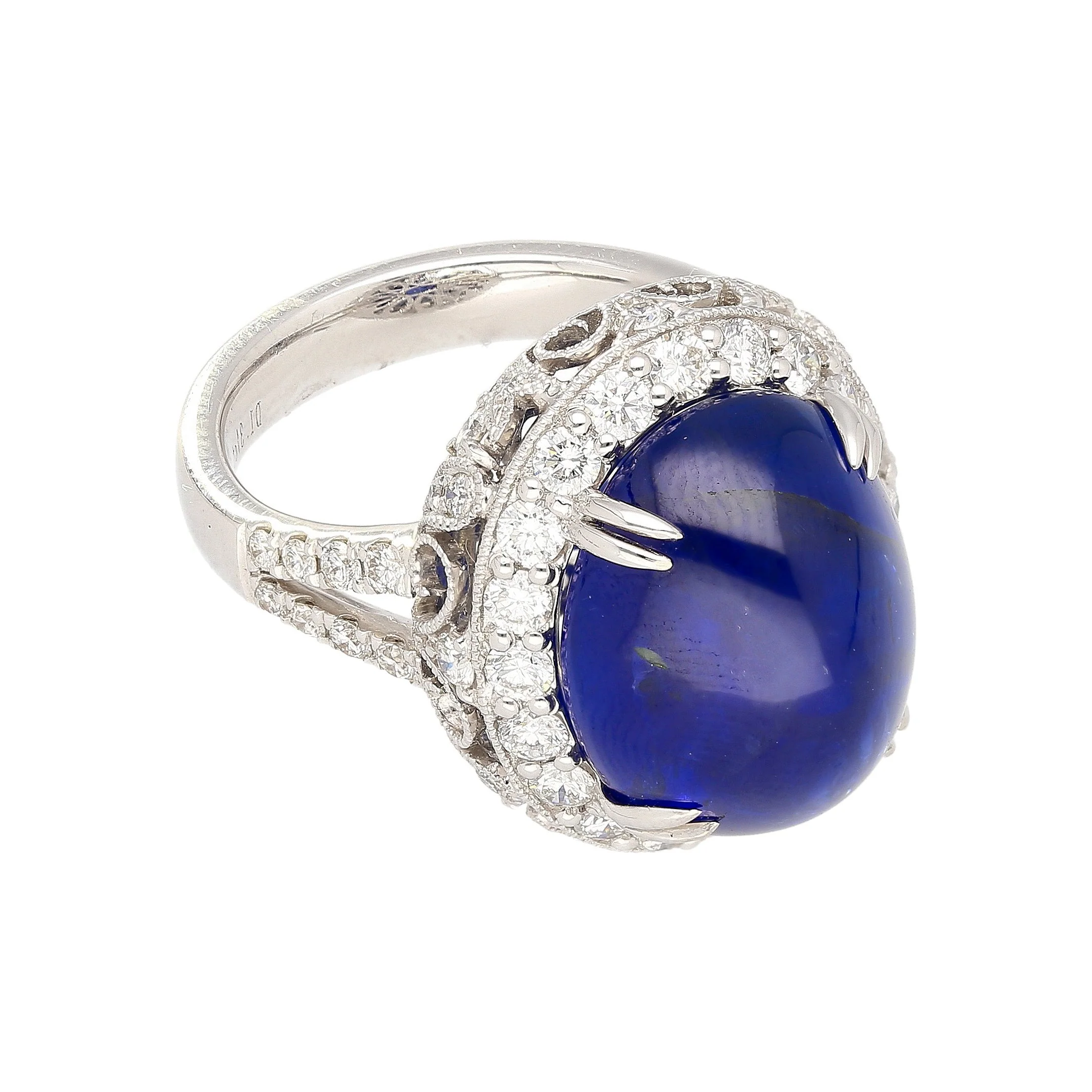 AGL Certified 16.68 Carat Cabochon Cut Ceylon Blue Sapphire Ring with Diamond Halo and Filigree Set 18K White Gold - Image 4