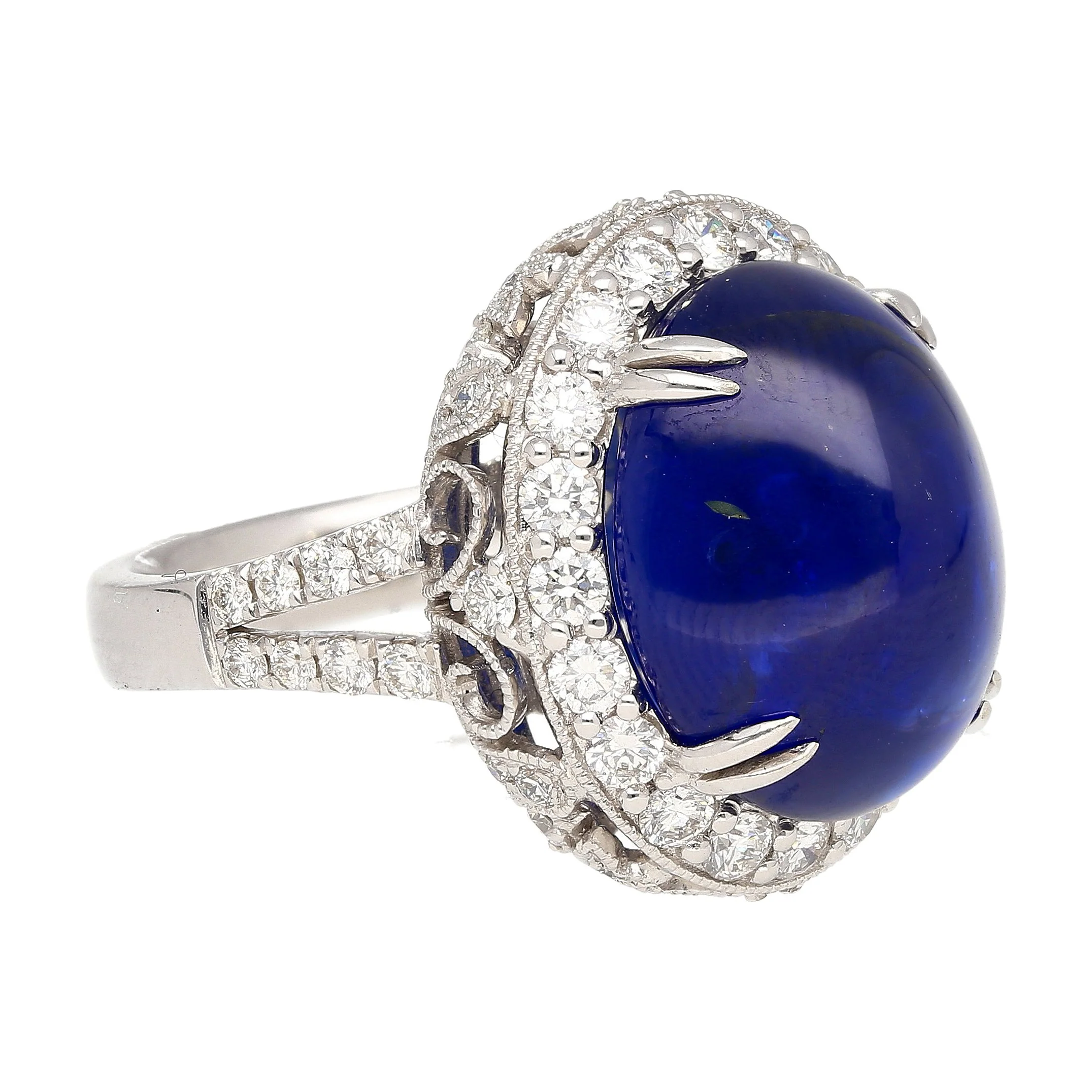 AGL Certified 16.68 Carat Cabochon Cut Ceylon Blue Sapphire Ring with Diamond Halo and Filigree Set 18K White Gold - Image 5