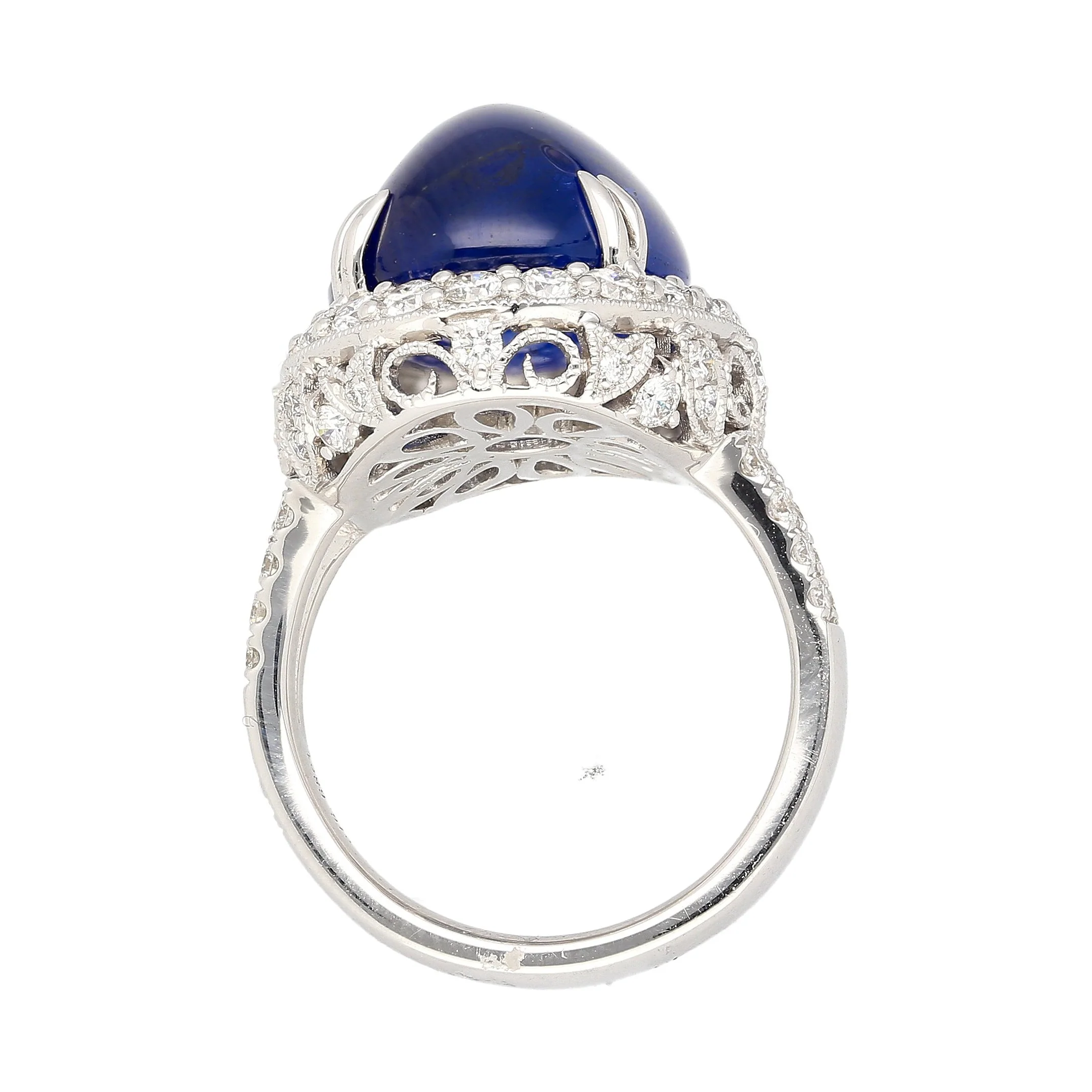 AGL Certified 16.68 Carat Cabochon Cut Ceylon Blue Sapphire Ring with Diamond Halo and Filigree Set 18K White Gold - Image 6