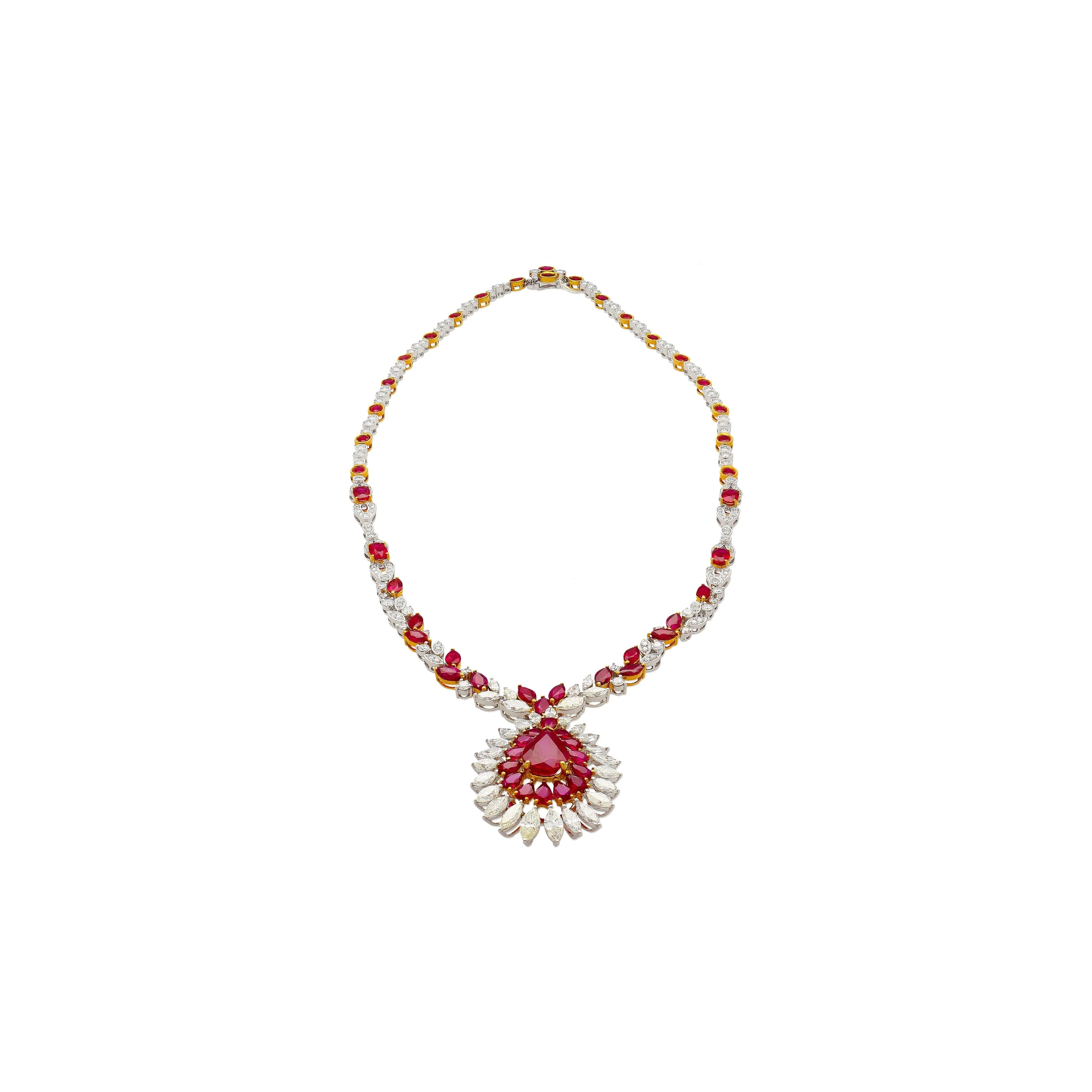 AGL Certified 22 Carat Pear Cut Burma Ruby and Diamond Chandelier Necklace - Image 8