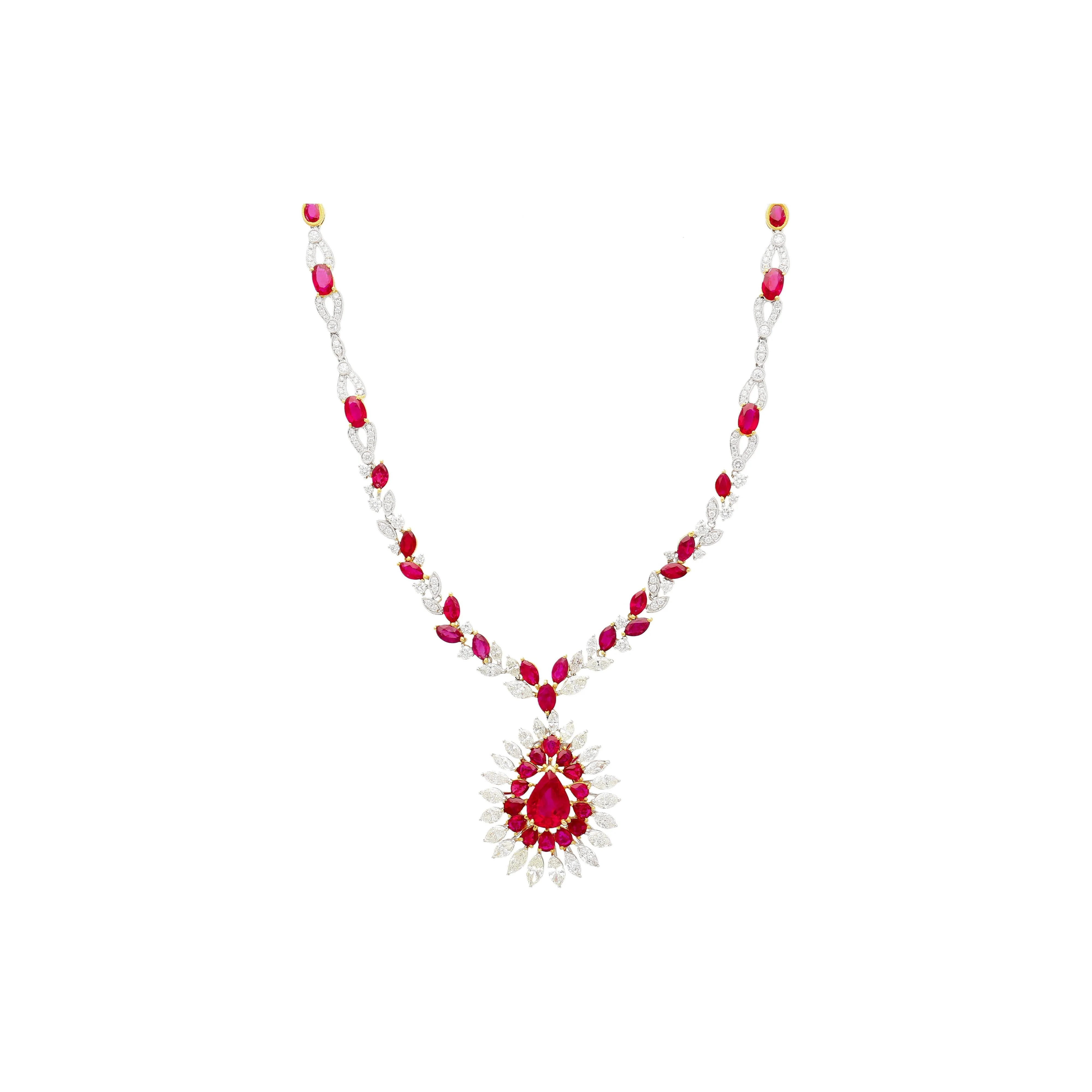 AGL Certified 22 Carat Pear Cut Burma Ruby and Diamond Chandelier Necklace - Image 9