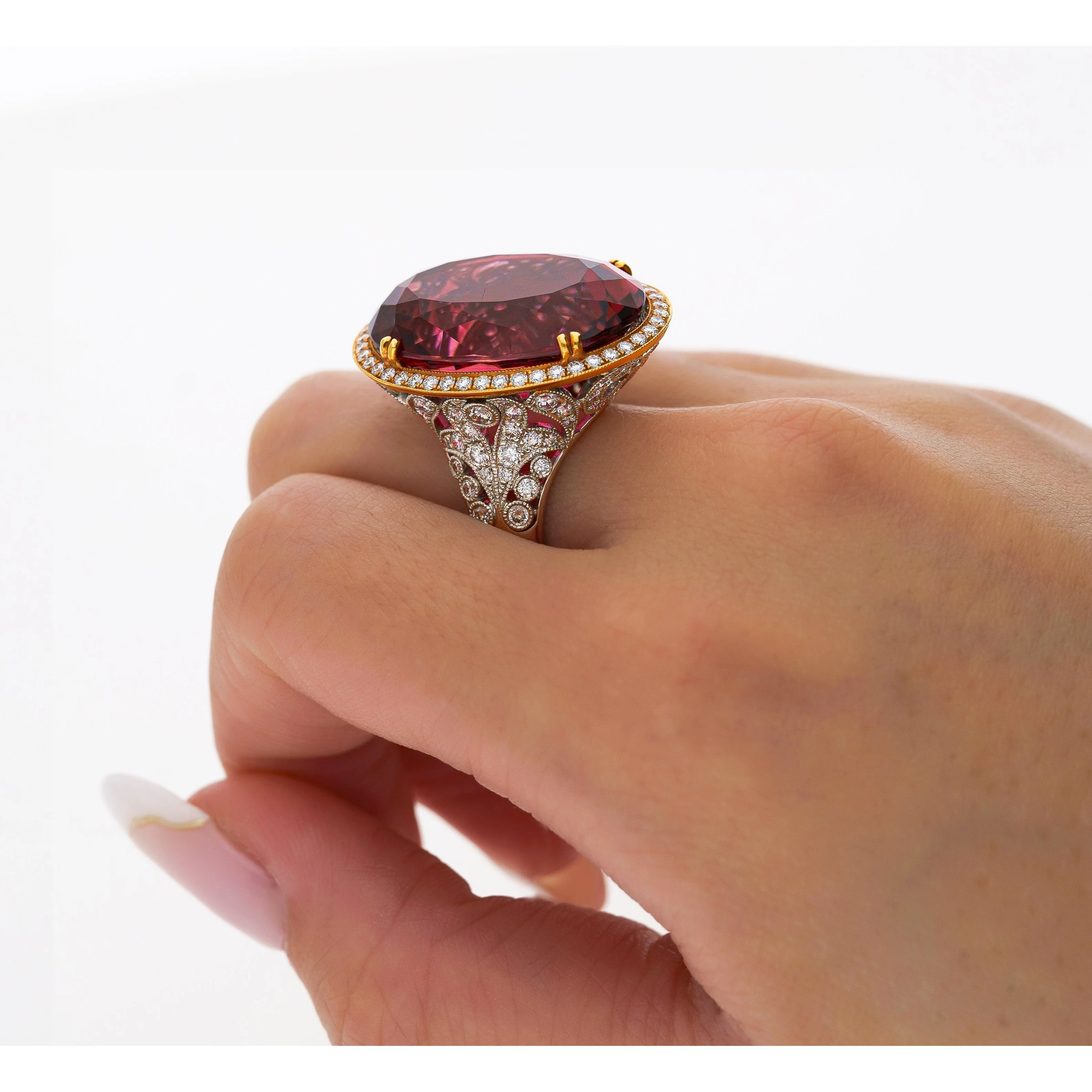 AGL Certified 28.29 Carat No Heat Purplish Pink Tourmaline & Diamond Ring - Image 5