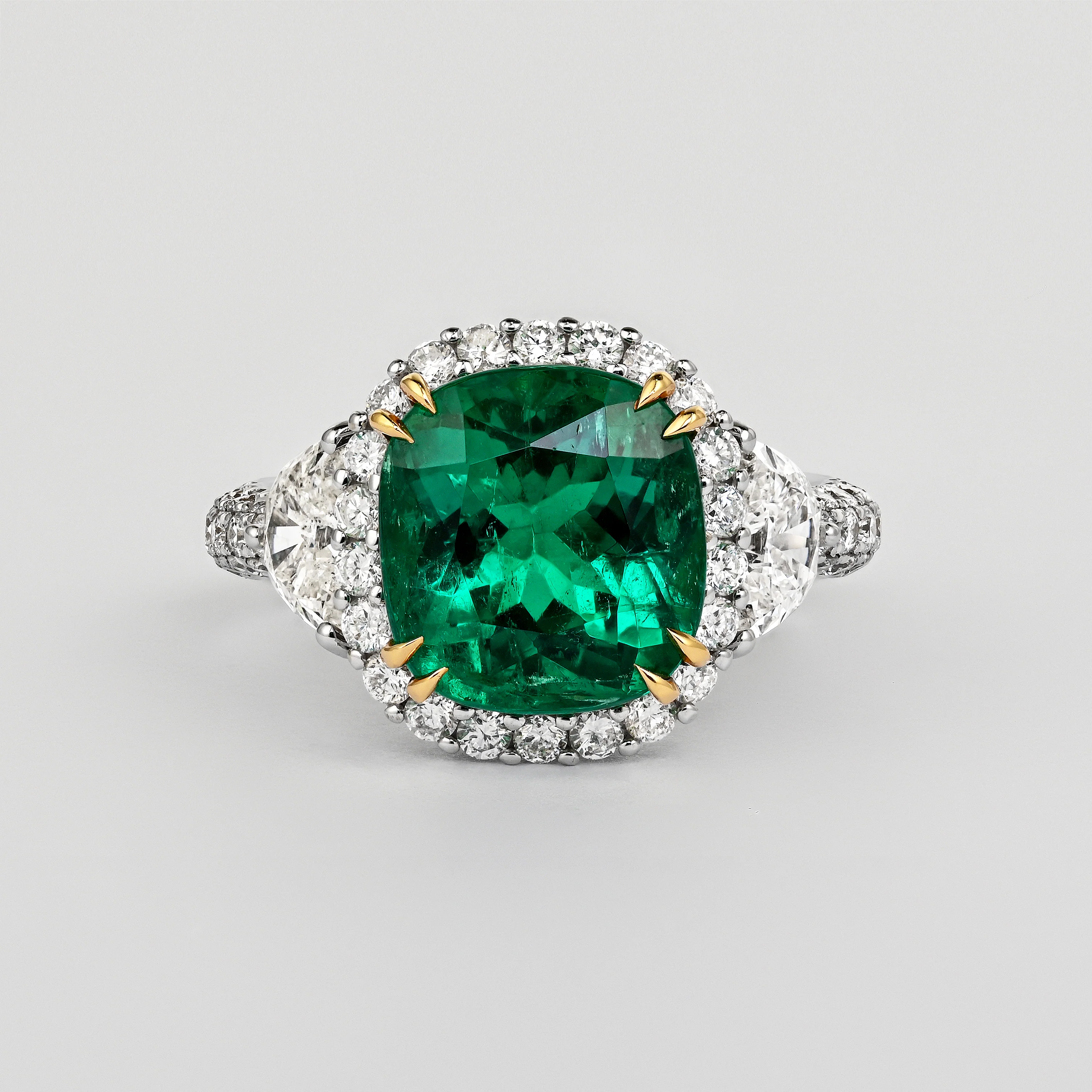 AGL Certified 3.52ct Cushion Colombian Emerald Half Moon Diamond Ring