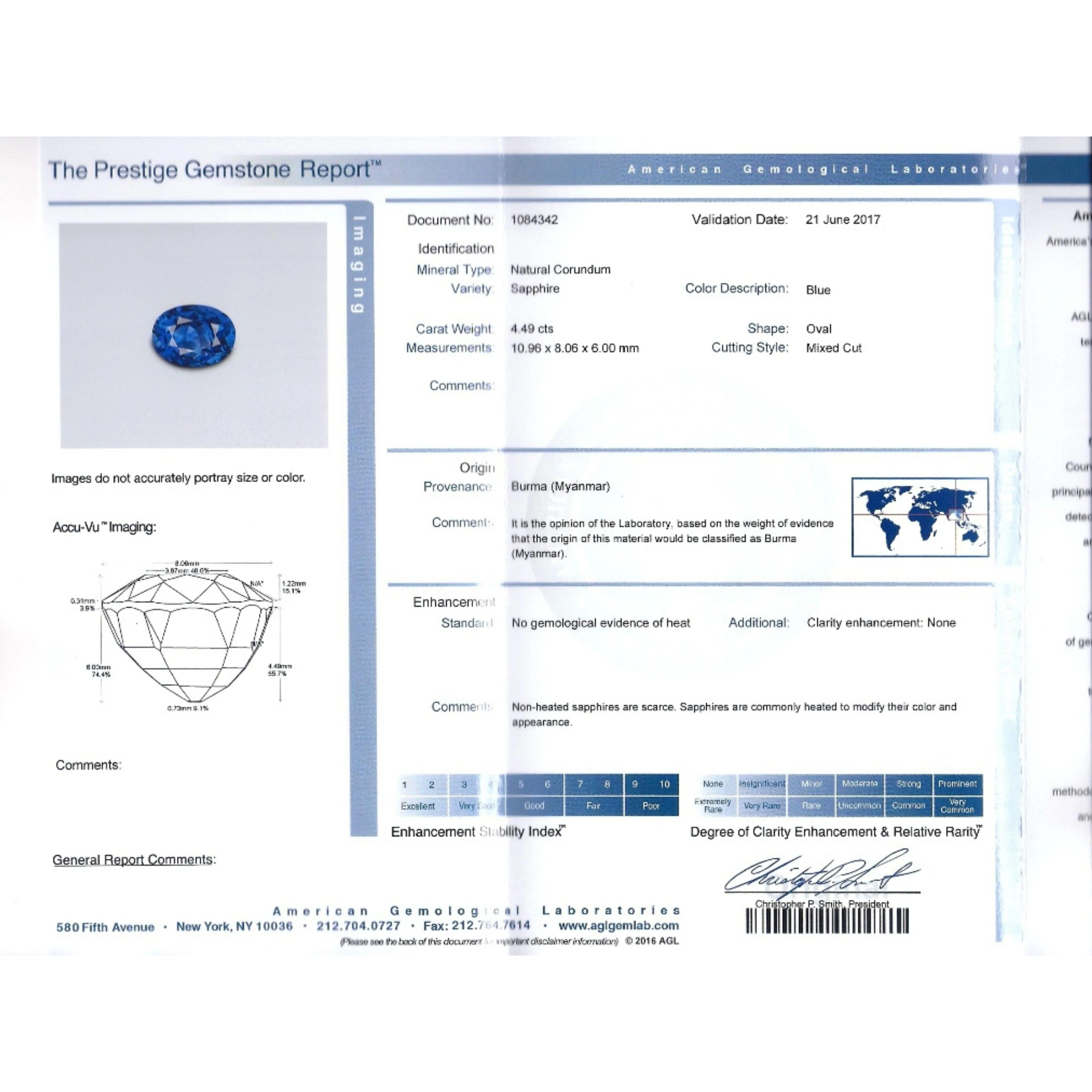 AGL Certified 4.49ct Burma Blue Sapphire Diamond 3-Stone Ring - Image 7
