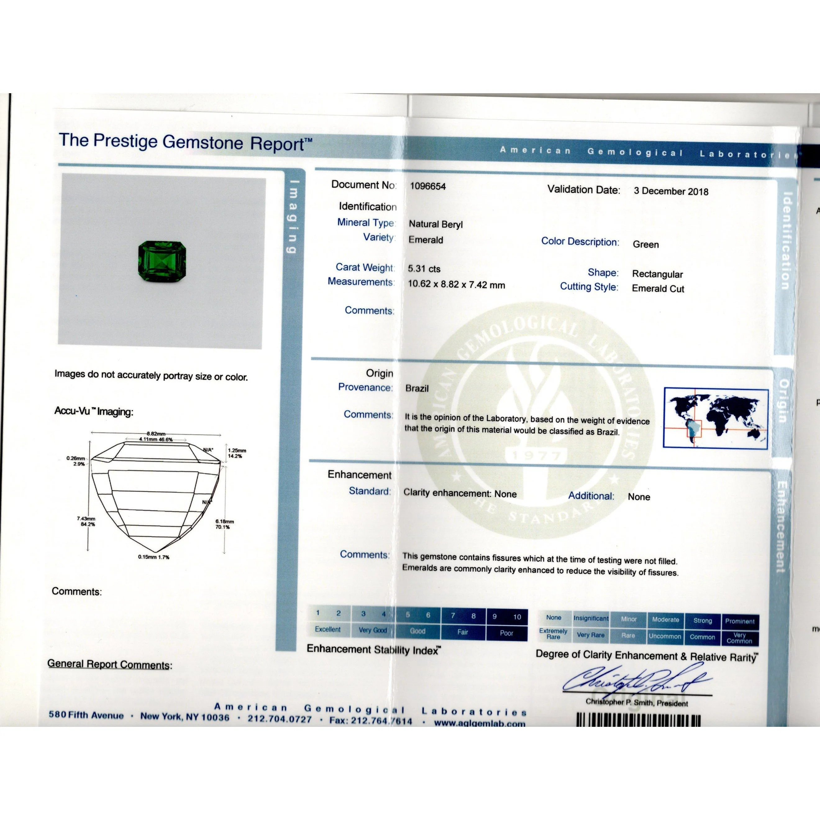 AGL Certified 5.31 Carat No Oil Emerald & Trillion Diamond 3 Stone Ring - Image 6
