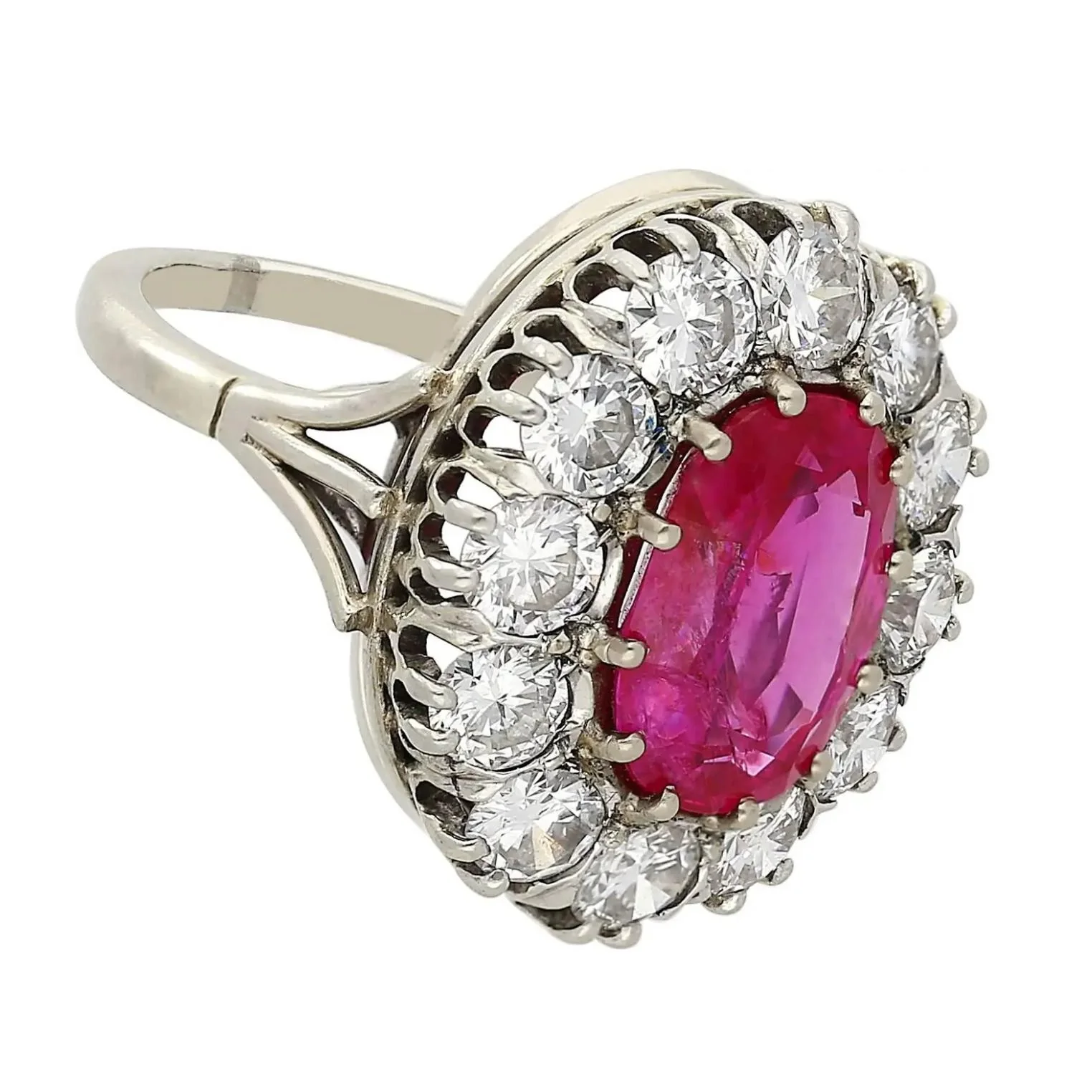Art Deco AGL Certified No Heat 5.52 Carat Oval Cut Burma Ruby and Round Diamond Halo Ring - Image 3