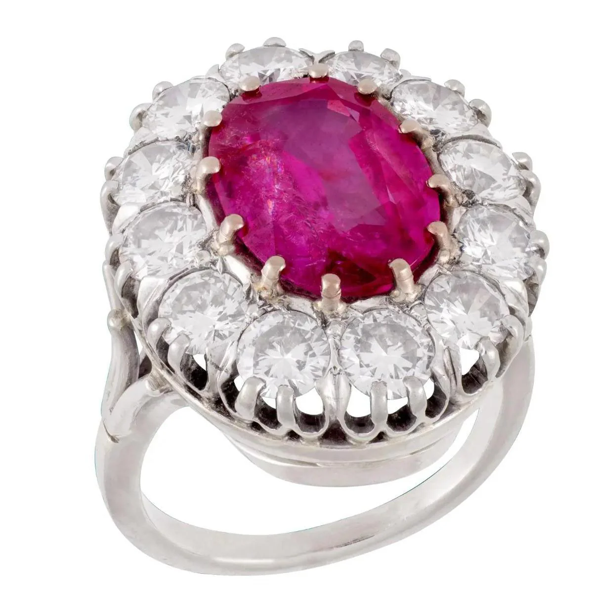 Art Deco AGL Certified No Heat 5.52 Carat Oval Cut Burma Ruby and Round Diamond Halo Ring - Image 4