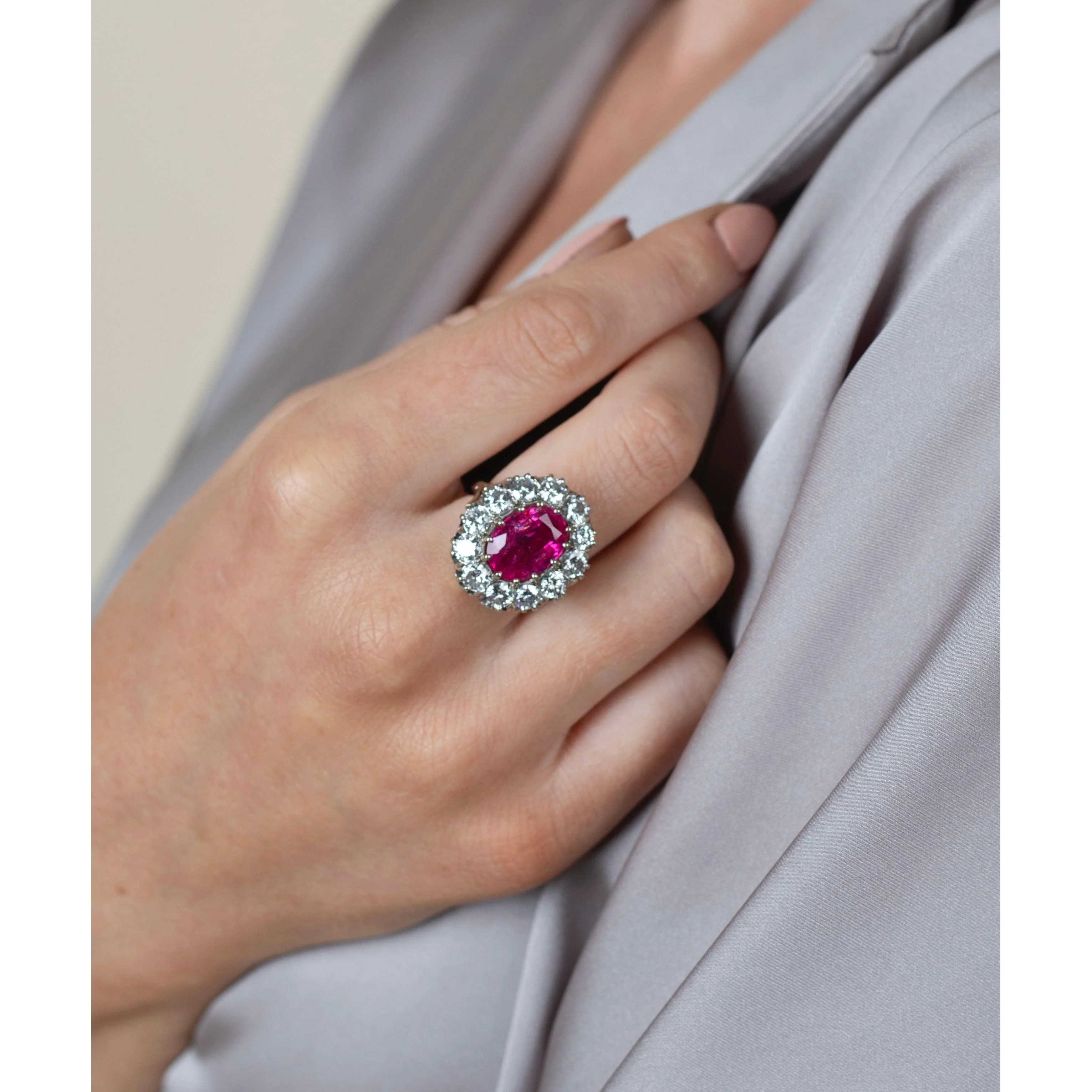 Art Deco AGL Certified No Heat 5.52 Carat Oval Cut Burma Ruby and Round Diamond Halo Ring - Image 5