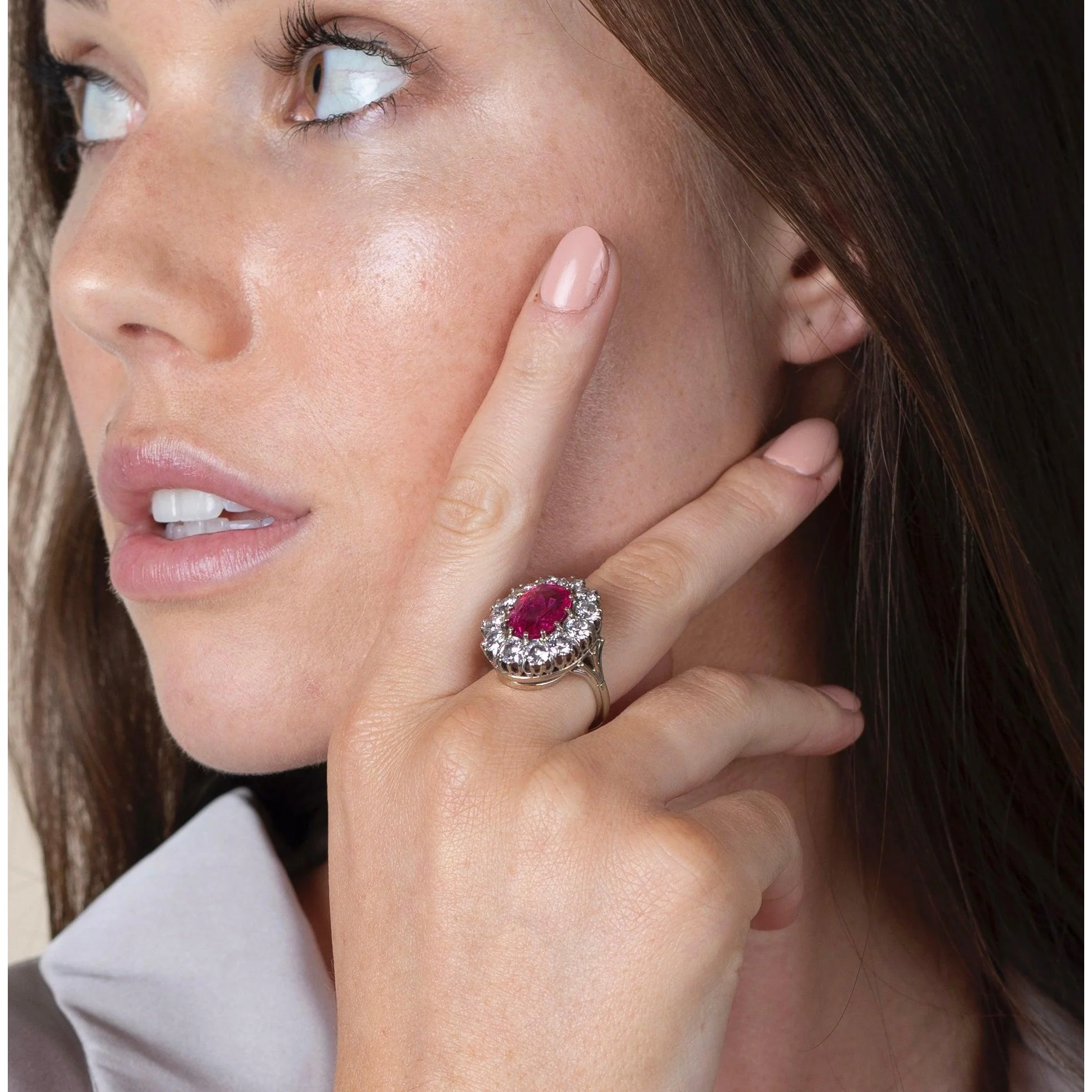 Art Deco AGL Certified No Heat 5.52 Carat Oval Cut Burma Ruby and Round Diamond Halo Ring - Image 7