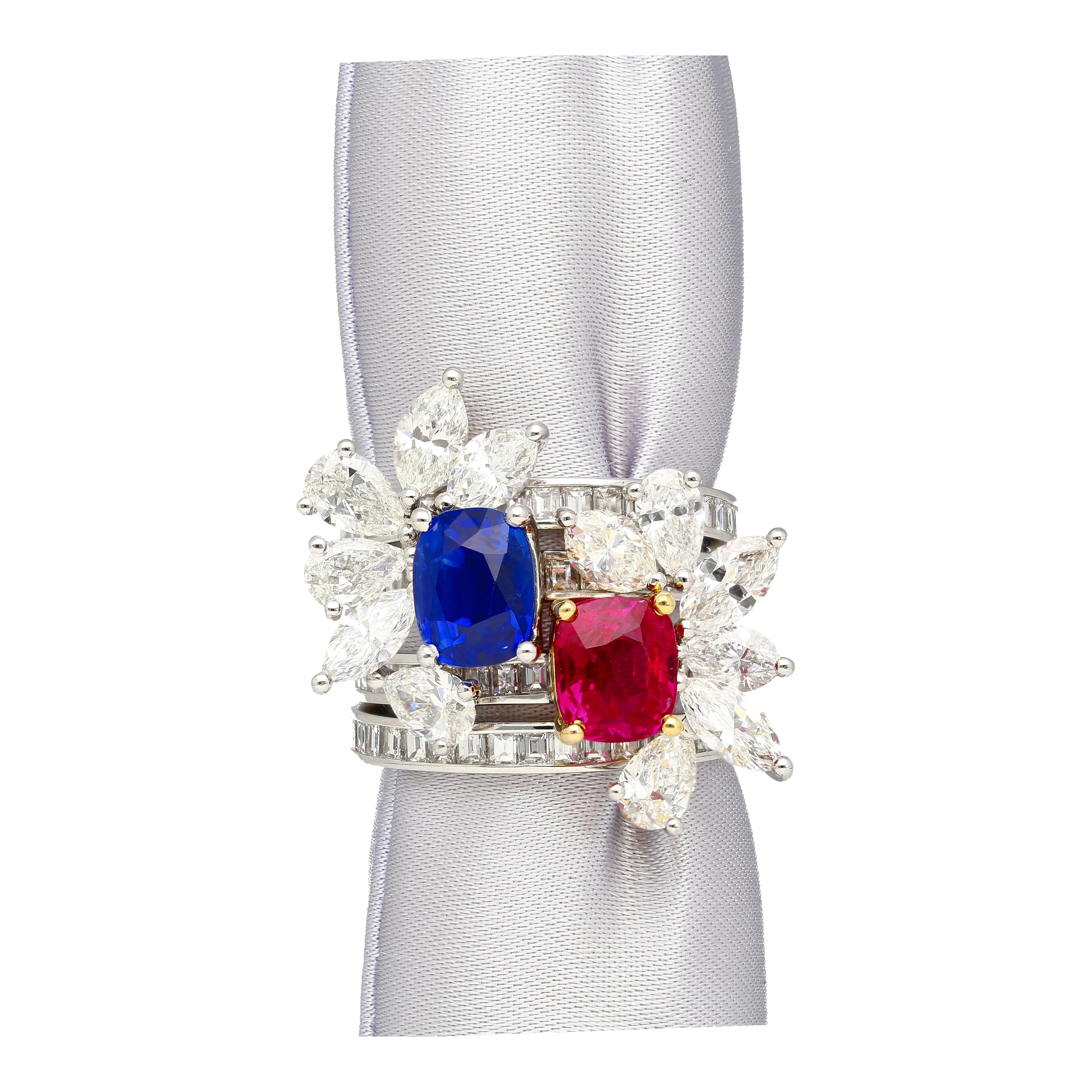 AGL Certified 8 Carat No Heat Kashmir Sapphire, Burma Ruby, & Diamond Stack Ring - Image 11