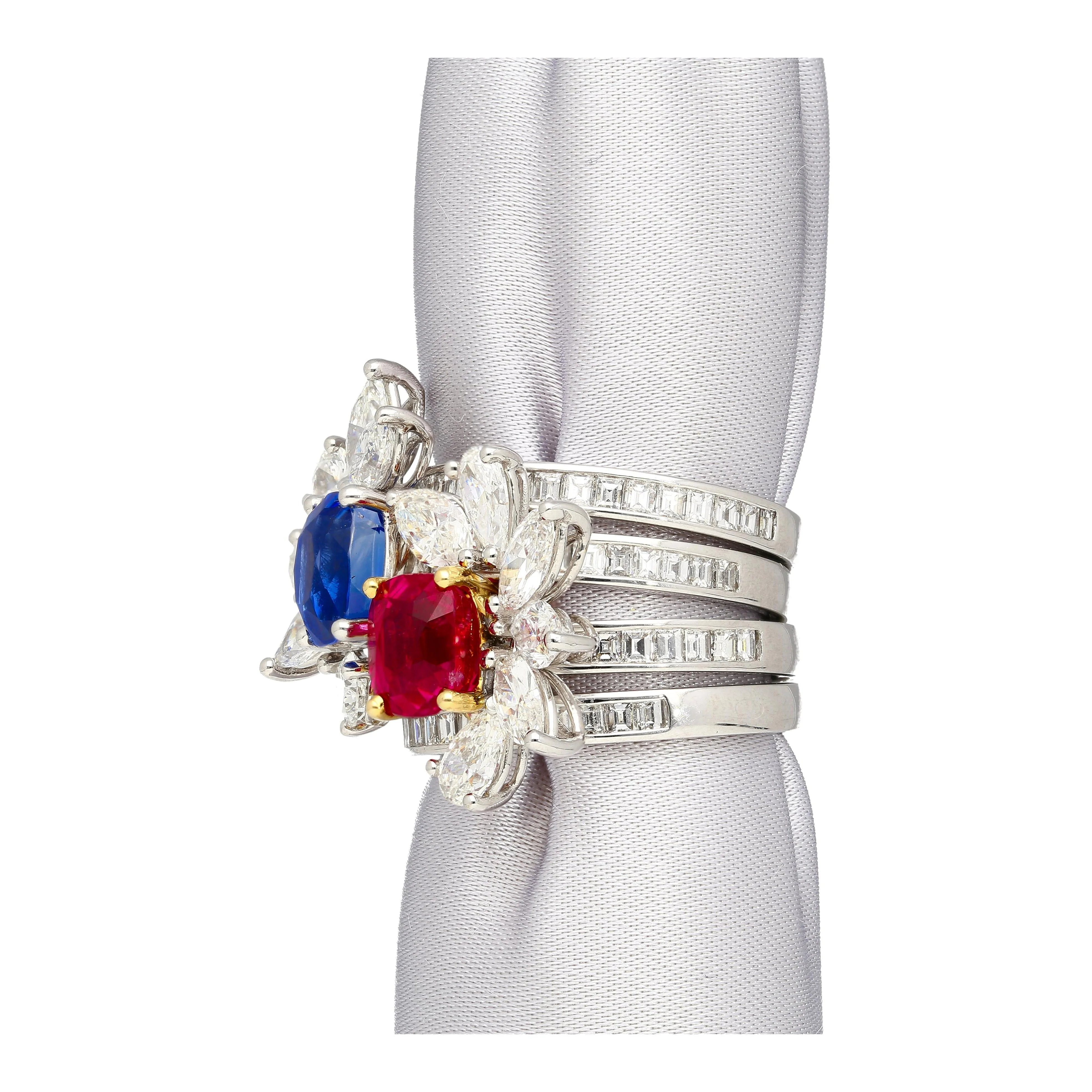 AGL Certified 8 Carat No Heat Kashmir Sapphire, Burma Ruby, & Diamond Stack Ring - Image 12