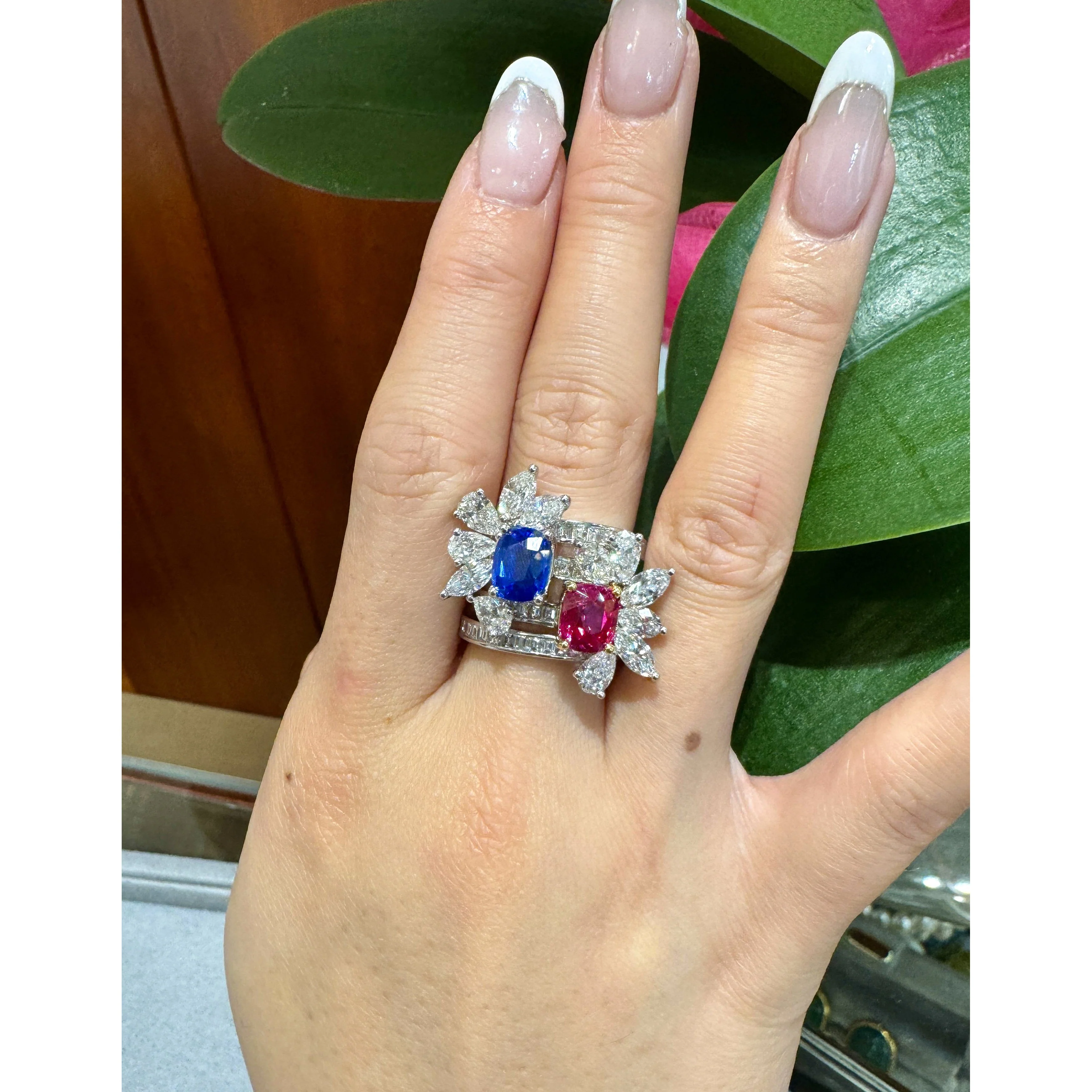 AGL Certified 8 Carat No Heat Kashmir Sapphire, Burma Ruby, & Diamond Stack Ring - Image 16