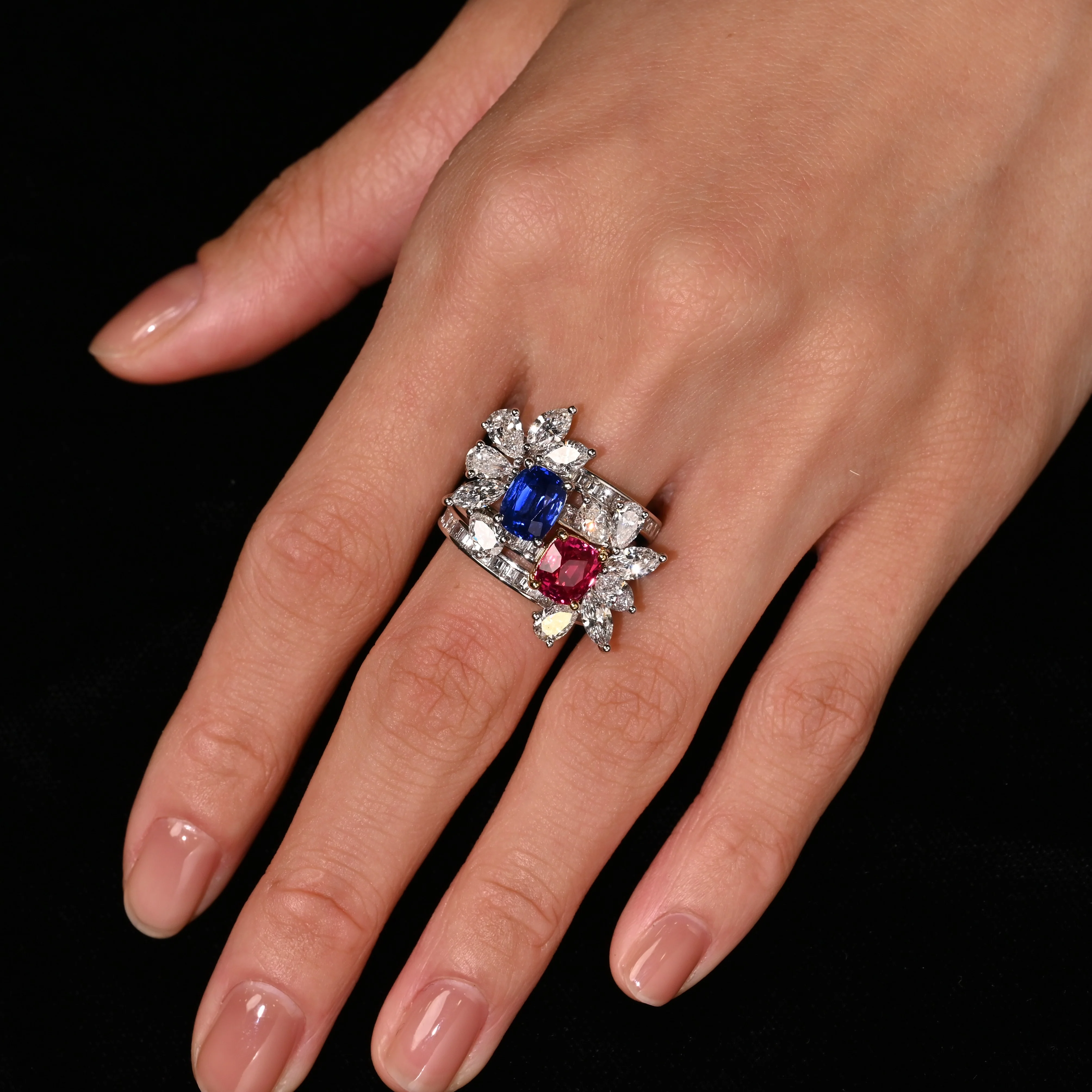 AGL Certified 8 Carat No Heat Kashmir Sapphire, Burma Ruby, & Diamond Stack Ring - Image 3