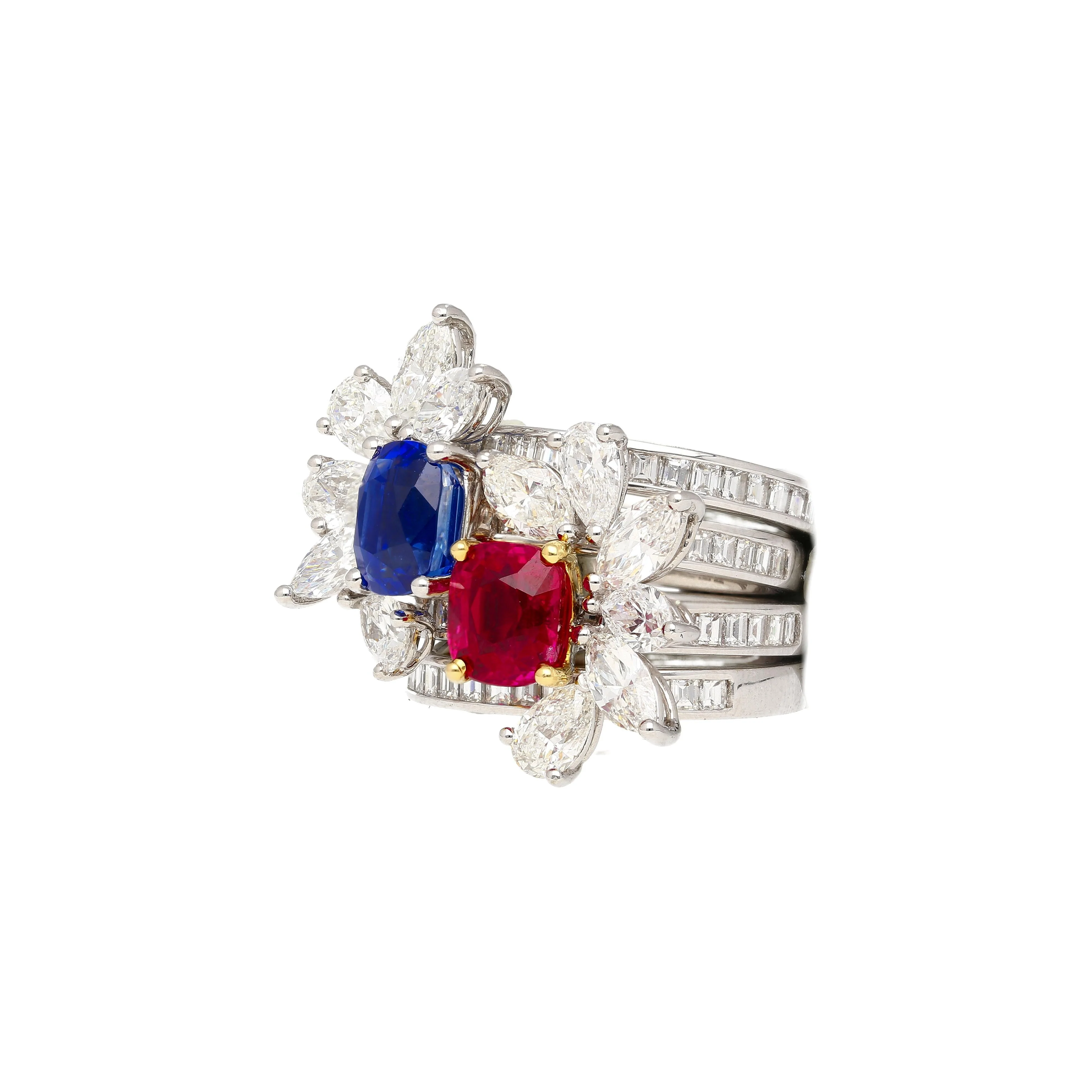 AGL Certified 8 Carat No Heat Kashmir Sapphire, Burma Ruby, & Diamond Stack Ring - Image 4