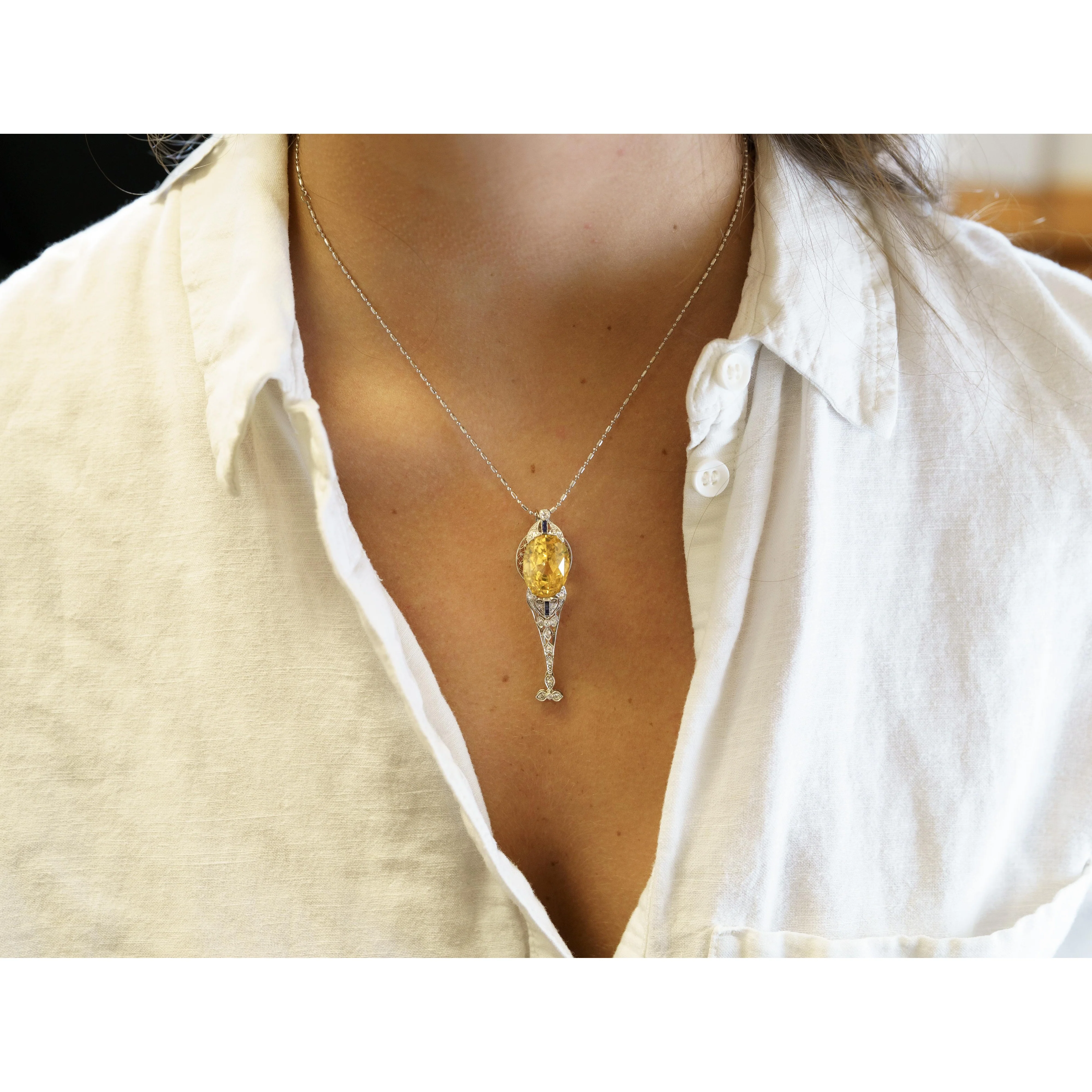 AGL Cert. Antique 20 Carat No Heat Ceylon Yellow Sapphire Art Deco Filigree Pendant - Image 10