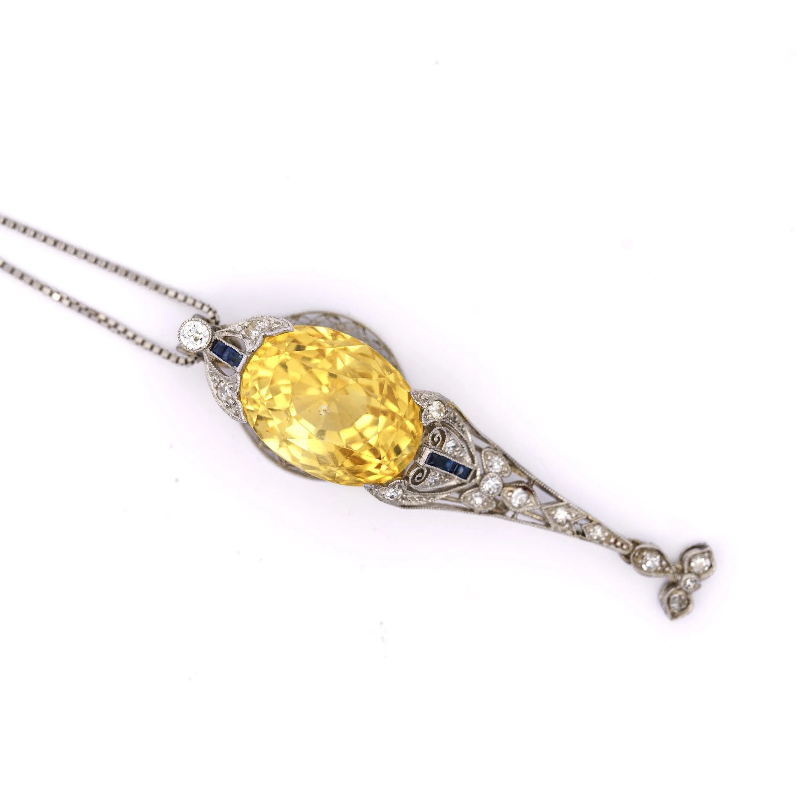 AGL Cert. Antique 20 Carat No Heat Ceylon Yellow Sapphire Art Deco Filigree Pendant - Image 4