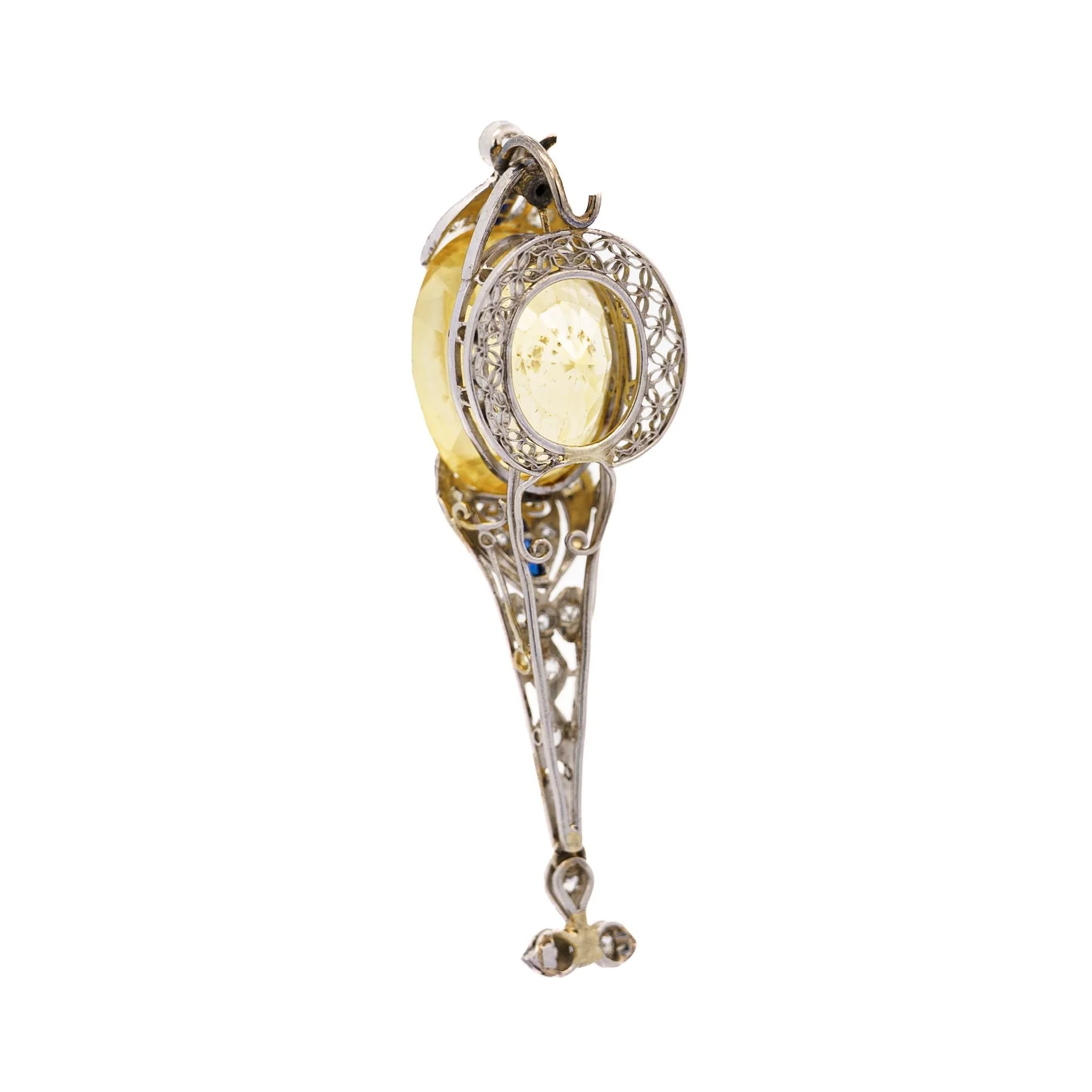 AGL Cert. Antique 20 Carat No Heat Ceylon Yellow Sapphire Art Deco Filigree Pendant - Image 5
