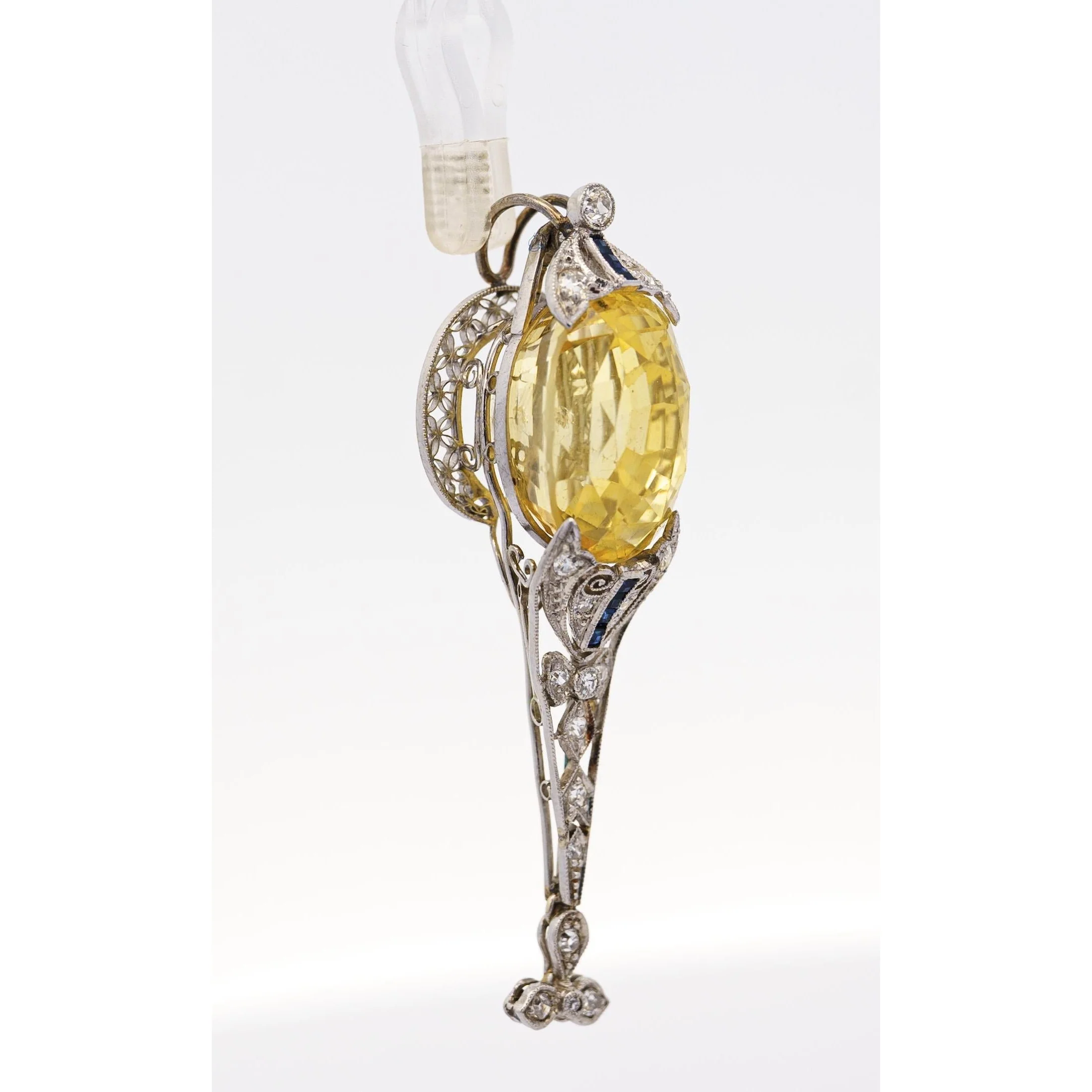 AGL Cert. Antique 20 Carat No Heat Ceylon Yellow Sapphire Art Deco Filigree Pendant - Image 6