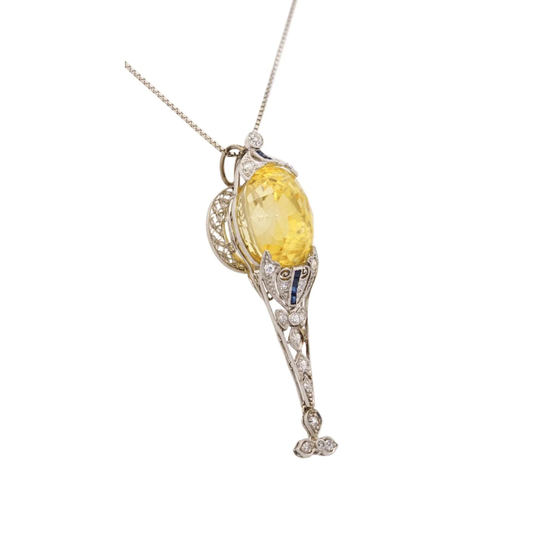 AGL Cert. Antique 20 Carat No Heat Ceylon Yellow Sapphire Art Deco Filigree Pendant - Image 8