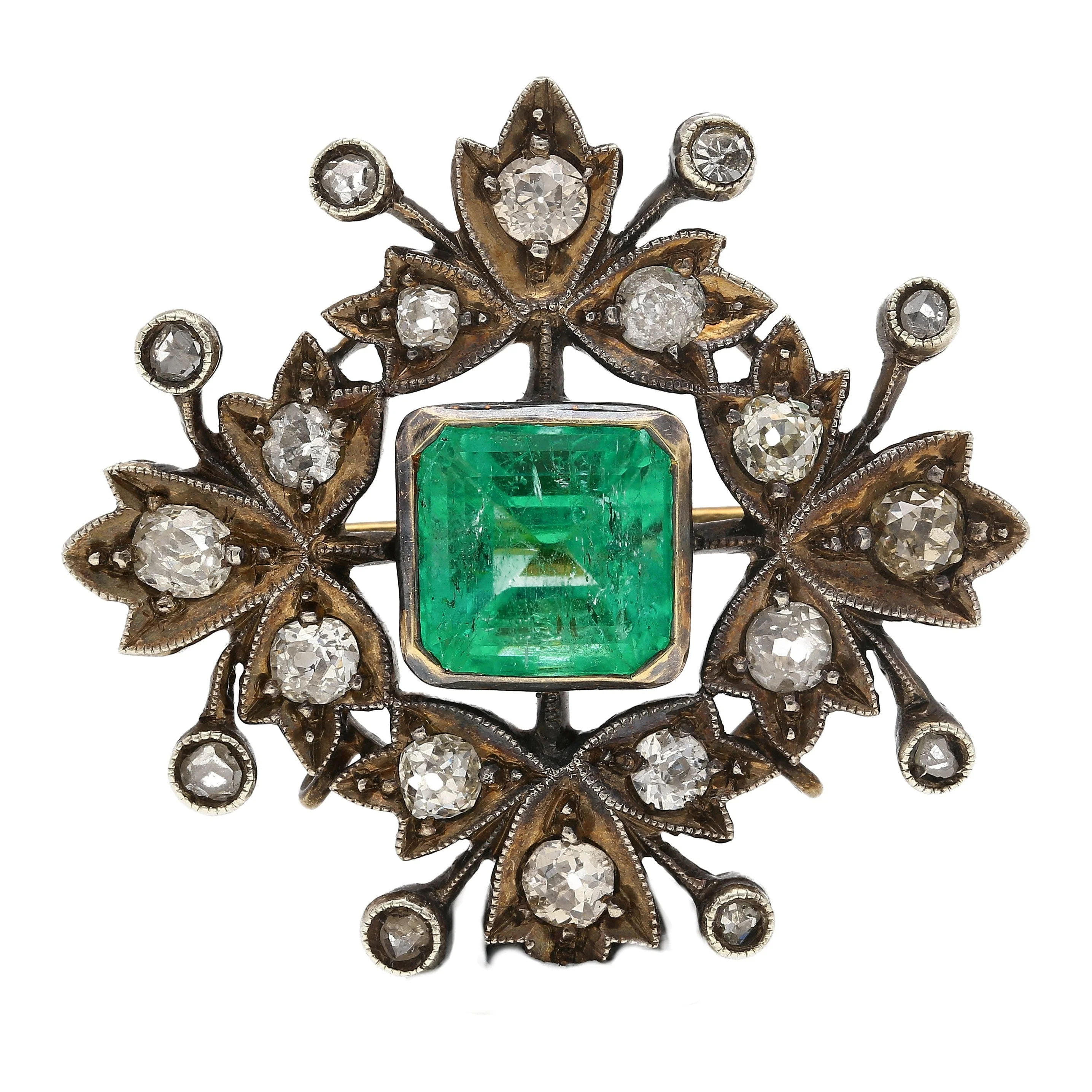 Victorian-Era Brooch With 3.12 Carat No Oil Colombian Emerald & Old Cut Diamonds - Image 5
