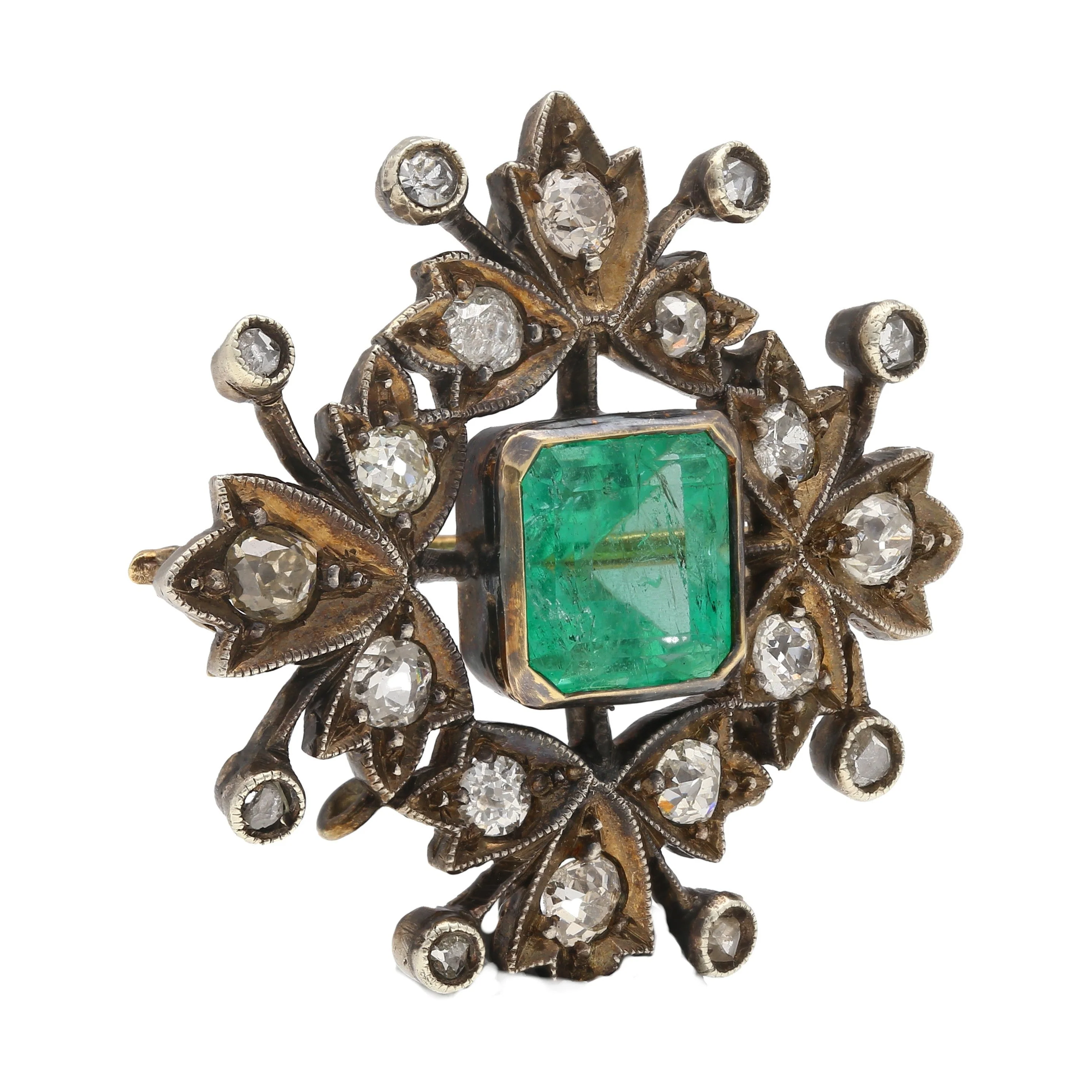 Victorian-Era Brooch With 3.12 Carat No Oil Colombian Emerald & Old Cut Diamonds - Image 7