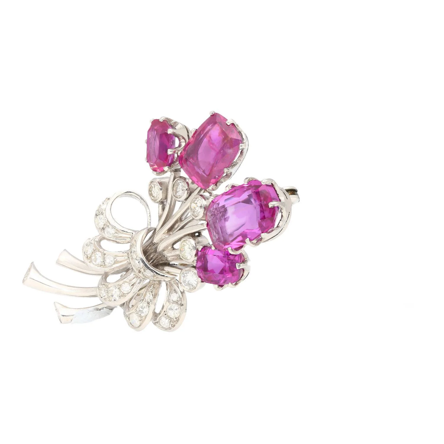 AGL Certified No Heat Ceylon Pink Sapphire and Diamond Platinum Floral Brooch - Image 4
