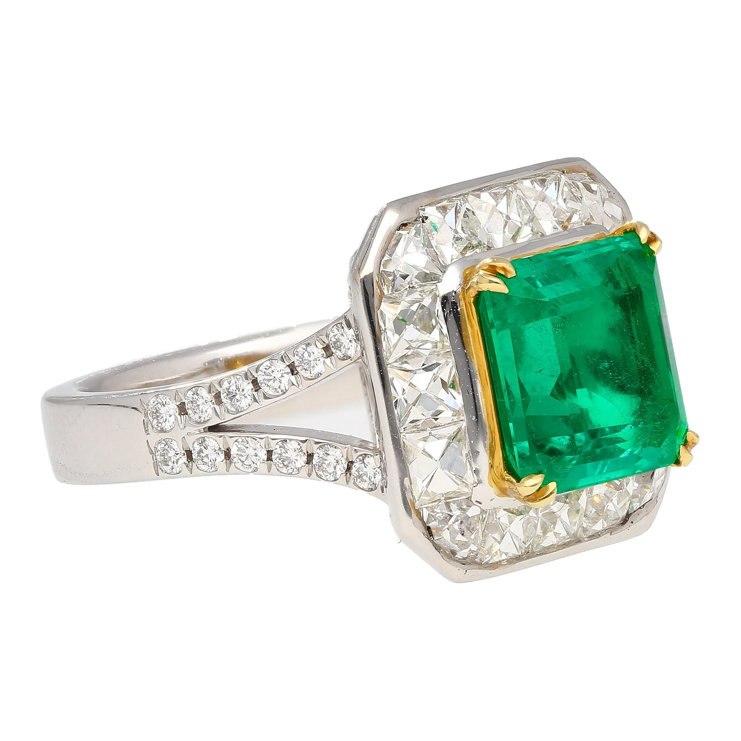 AGL Certified No Oil 2.54 Carat Colombian Emerald and Old French Cut Diamond Ring - Image 5