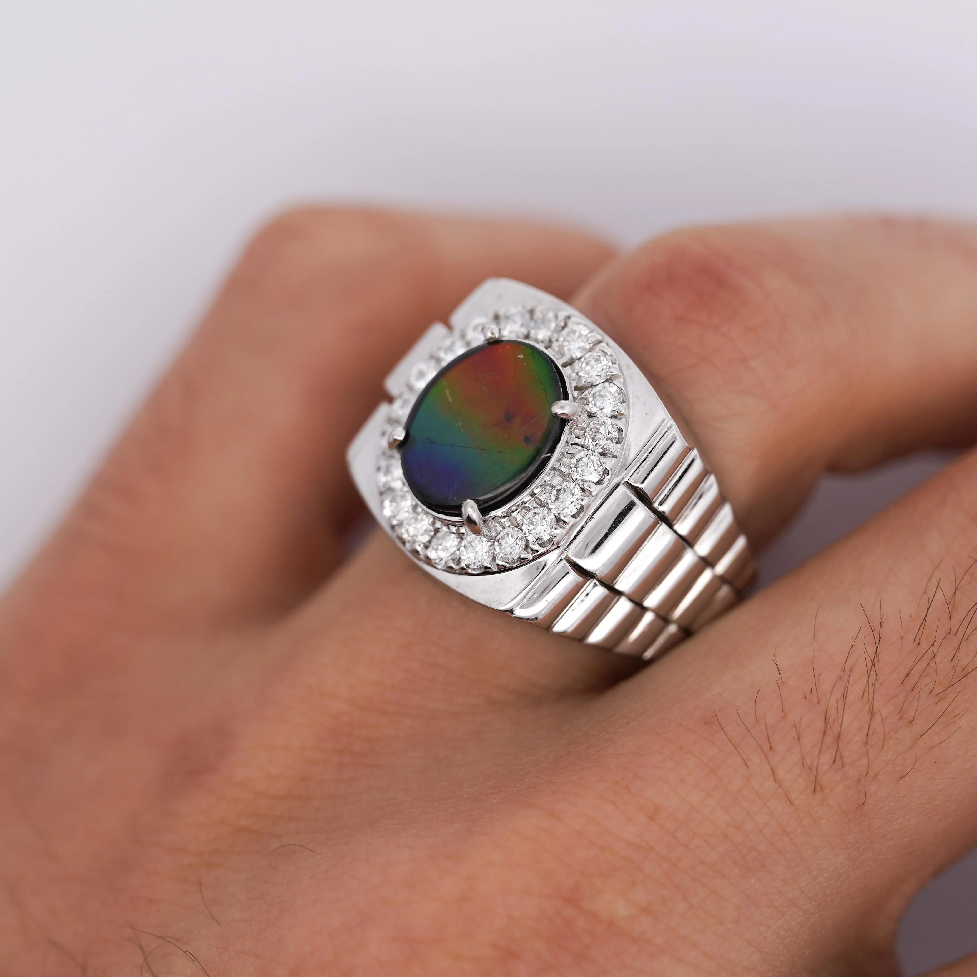 Ammolite & Diamond Halo in 14K White Gold Men's Statement Ring - Image 6