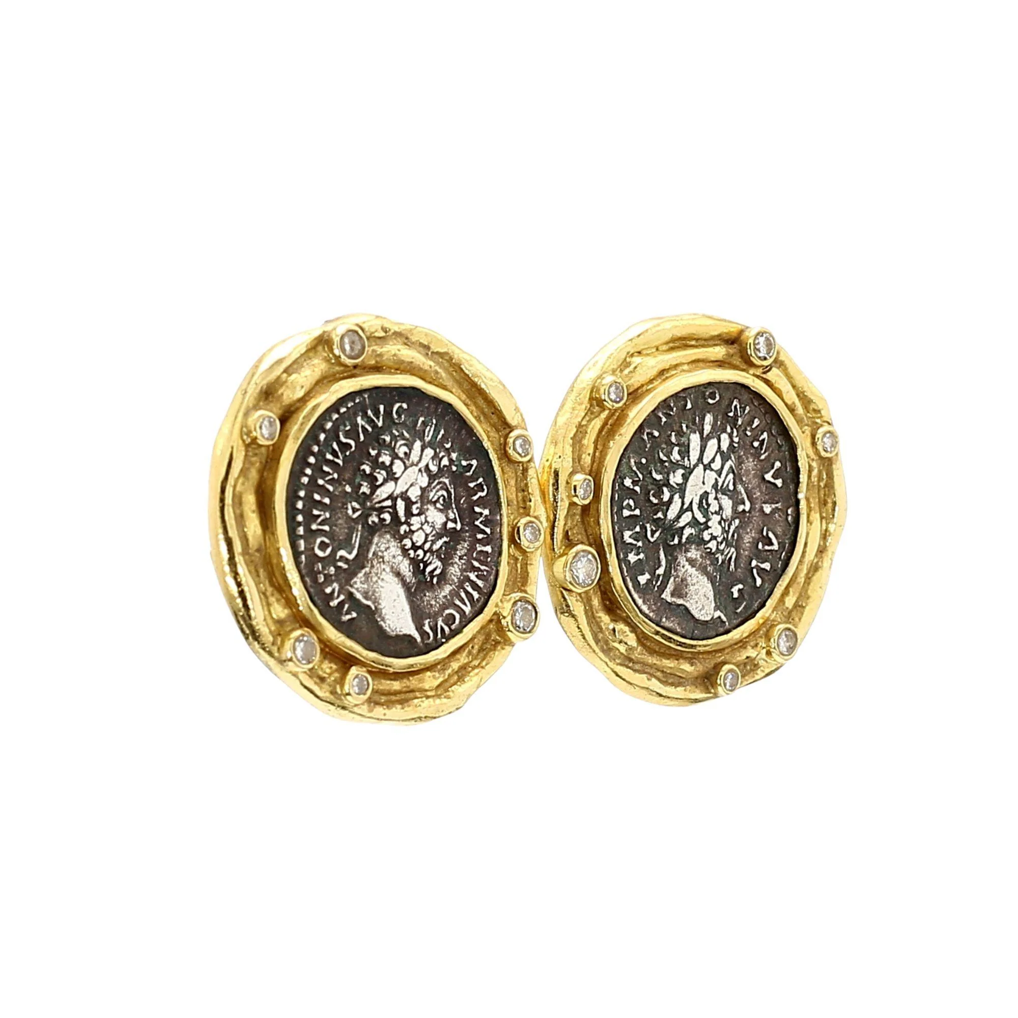 Ancient Greek Coin & Round Cut Diamond Bezel Set in 22K Yellow Gold Earrings - Image 4
