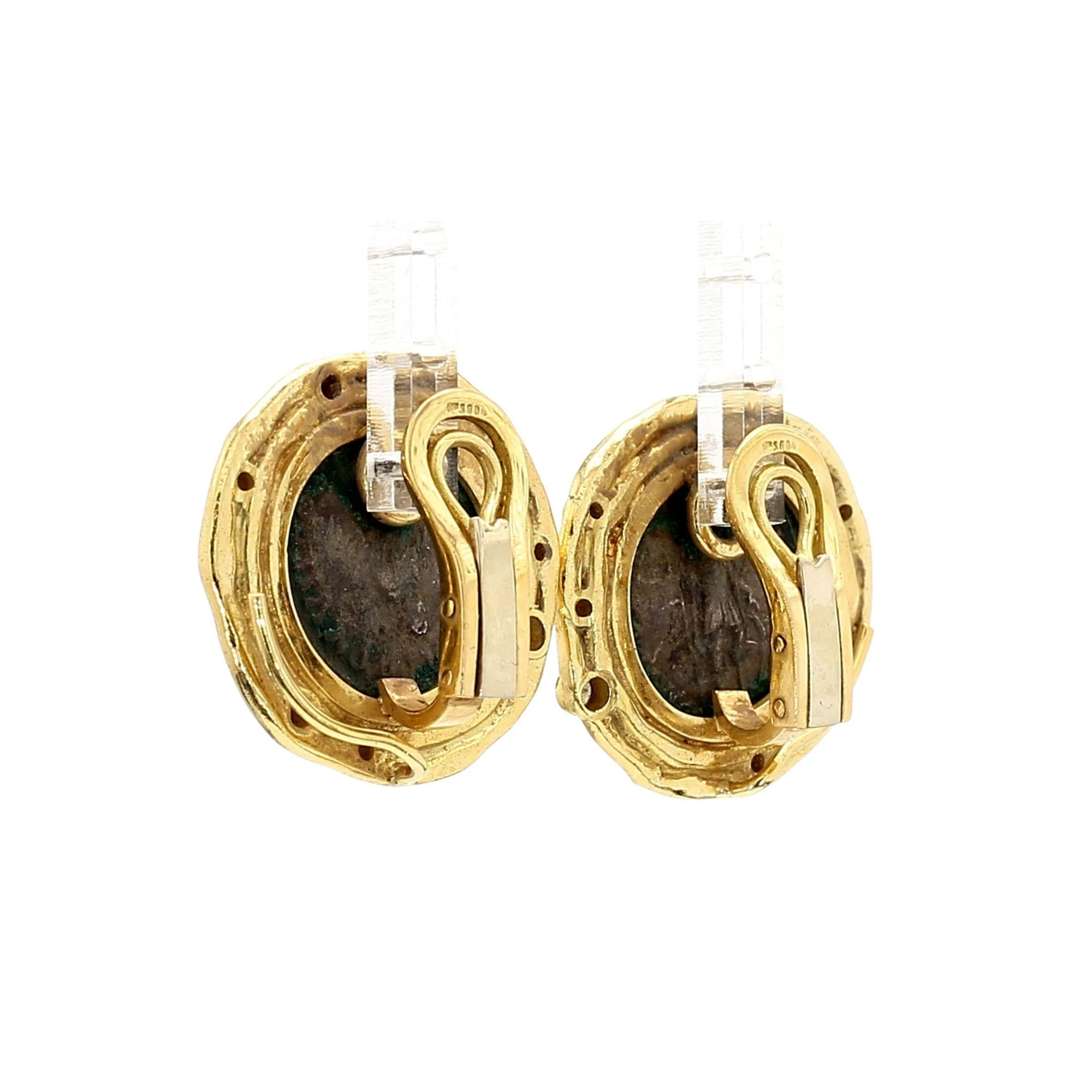 Ancient Greek Coin & Round Cut Diamond Bezel Set in 22K Yellow Gold Earrings - Image 6