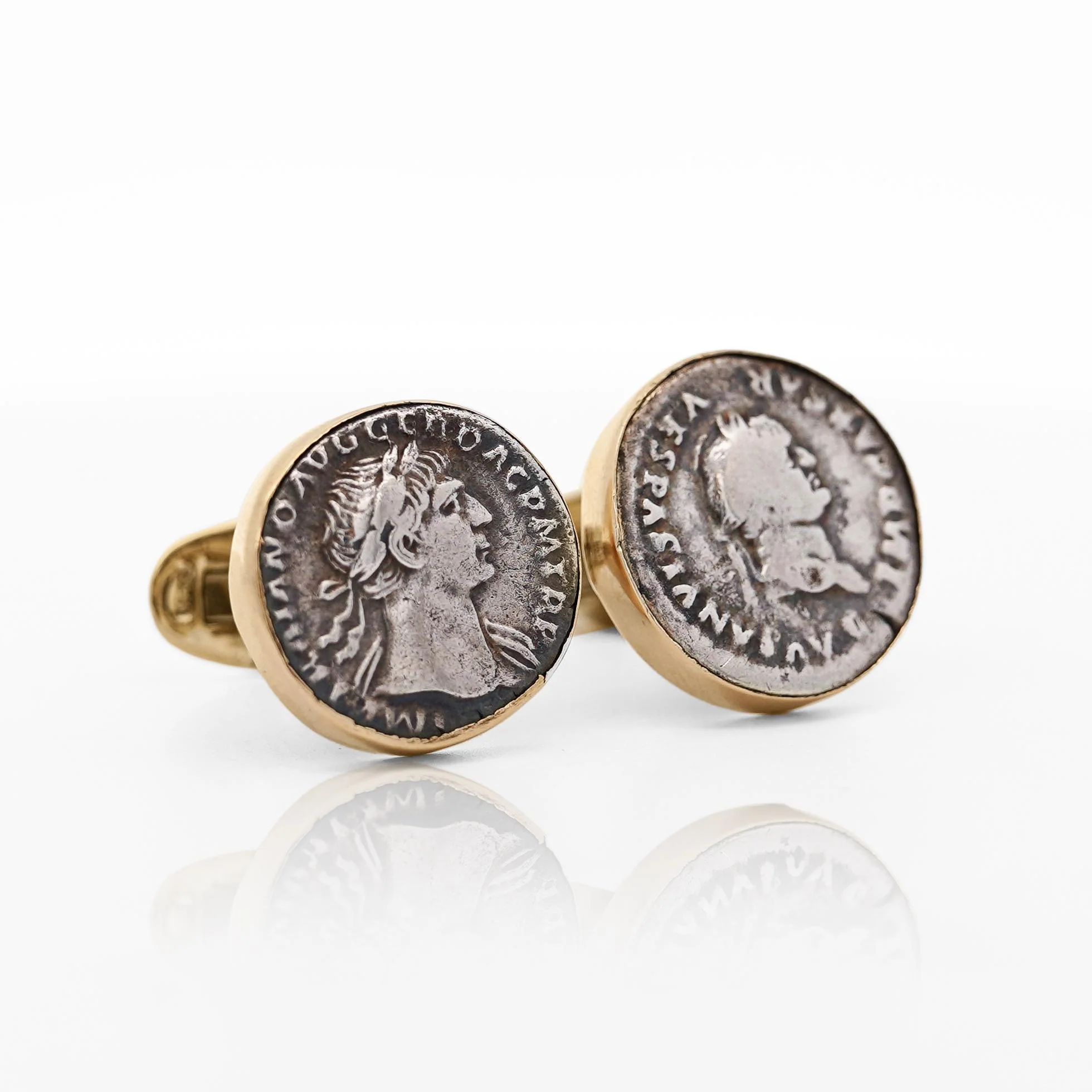 Ancient Roman Coin Cufflinks Of Vespasian and Maiorianus in 14k Gold Frame - Image 2