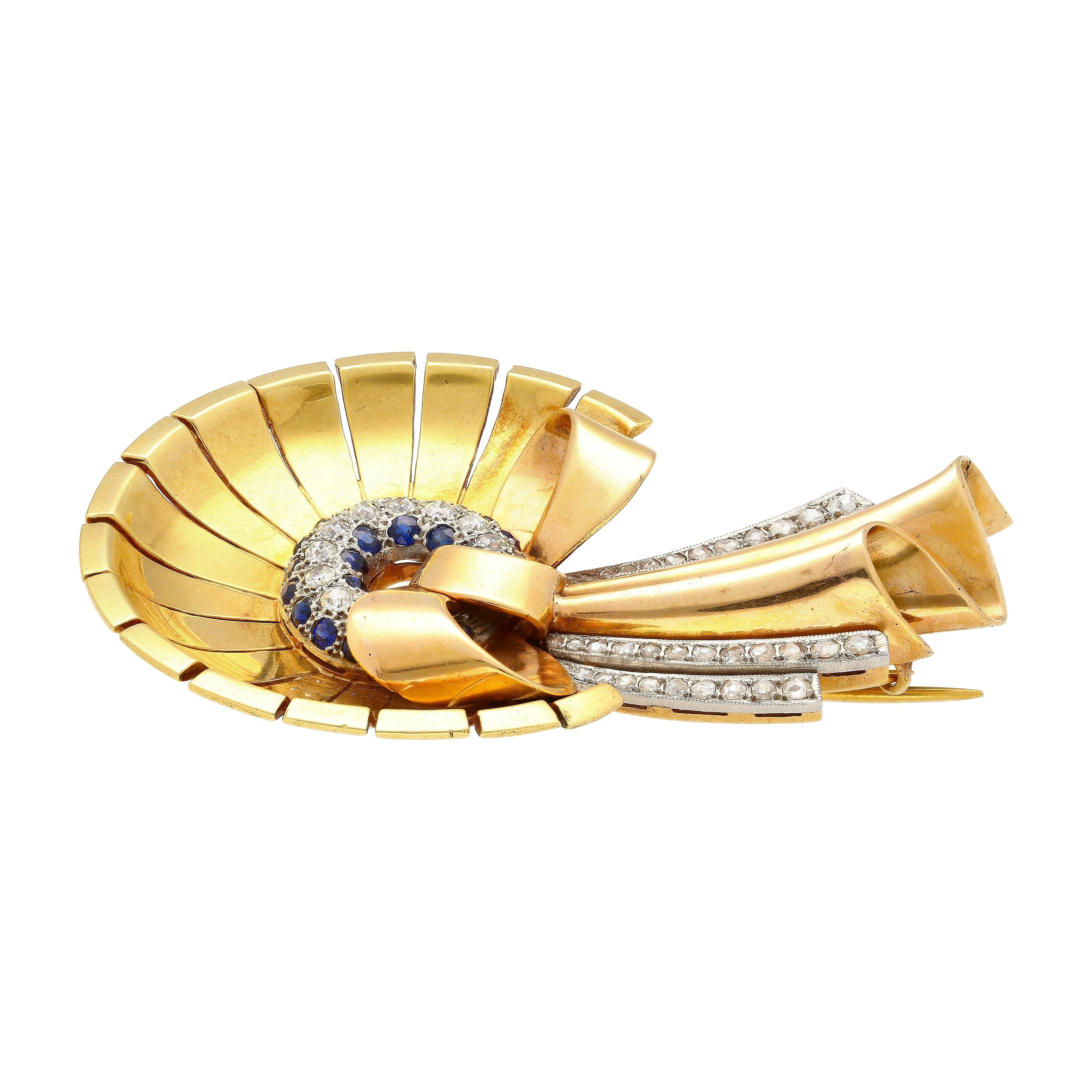Antique 1940's Diamond & Sapphire Bonnet (Hat) and Ribbon Brooch in 18K Rose & Yellow Gold - Image 3