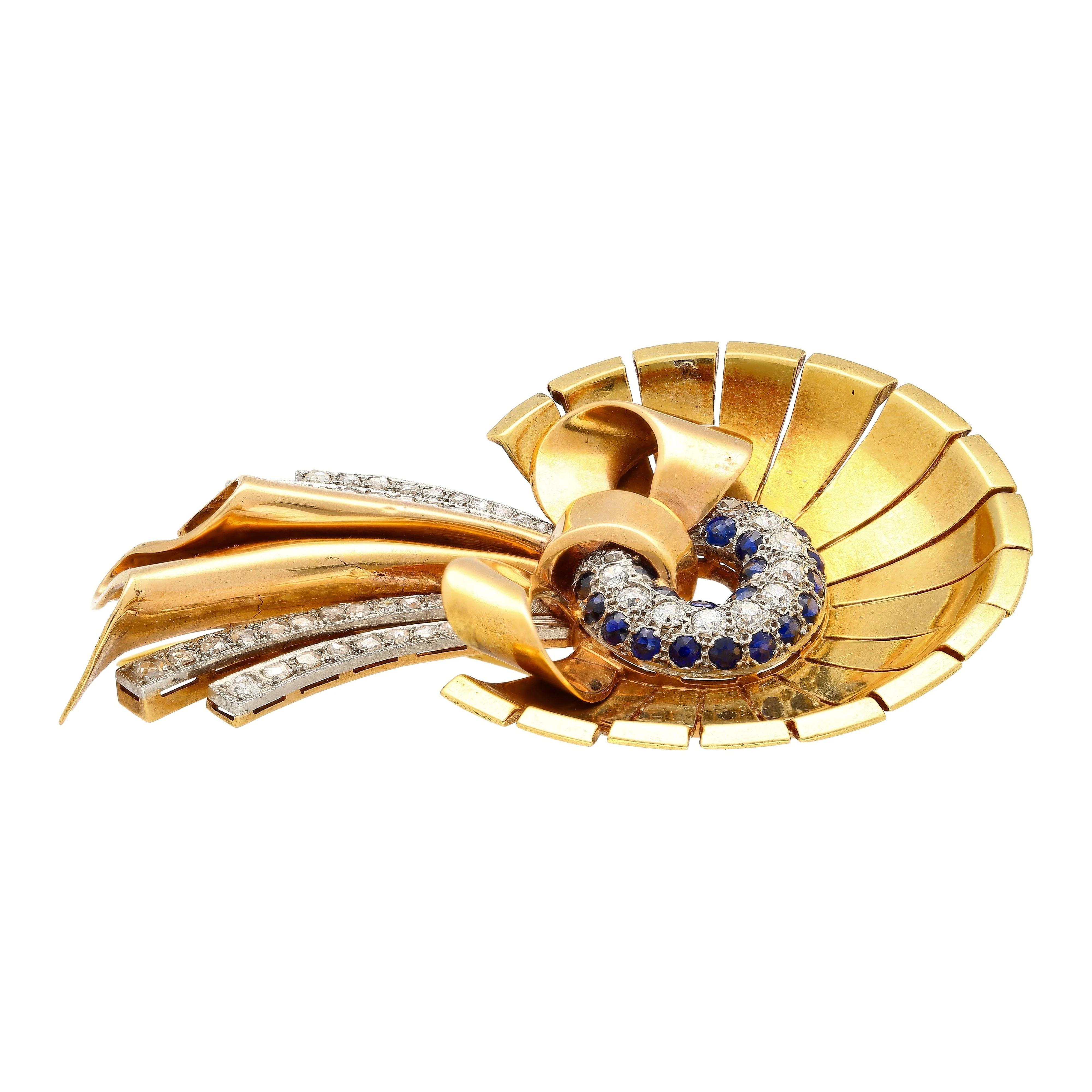 Antique 1940's Diamond & Sapphire Bonnet (Hat) and Ribbon Brooch in 18K Rose & Yellow Gold - Image 4