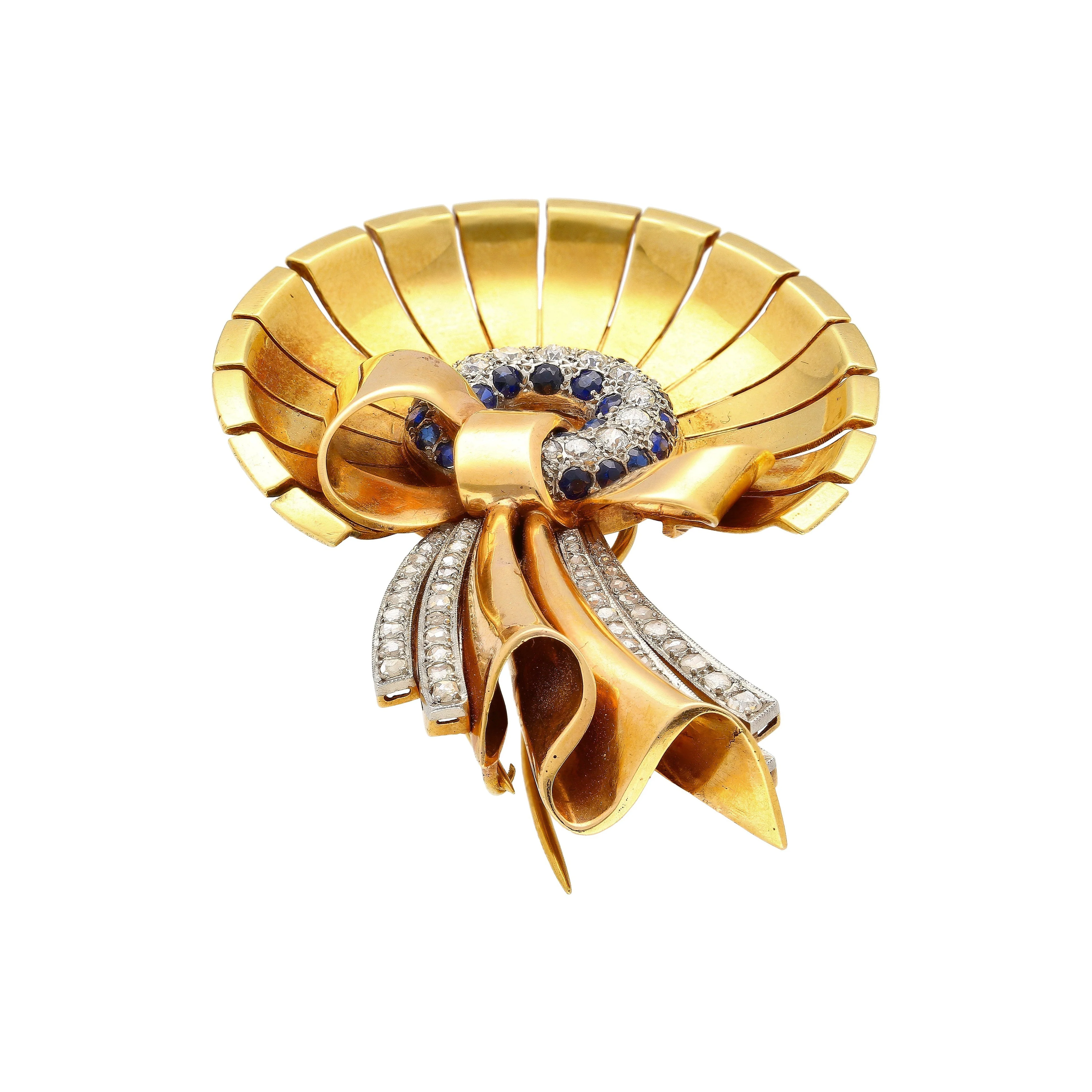 Antique 1940's Diamond & Sapphire Bonnet (Hat) and Ribbon Brooch in 18K Rose & Yellow Gold - Image 5