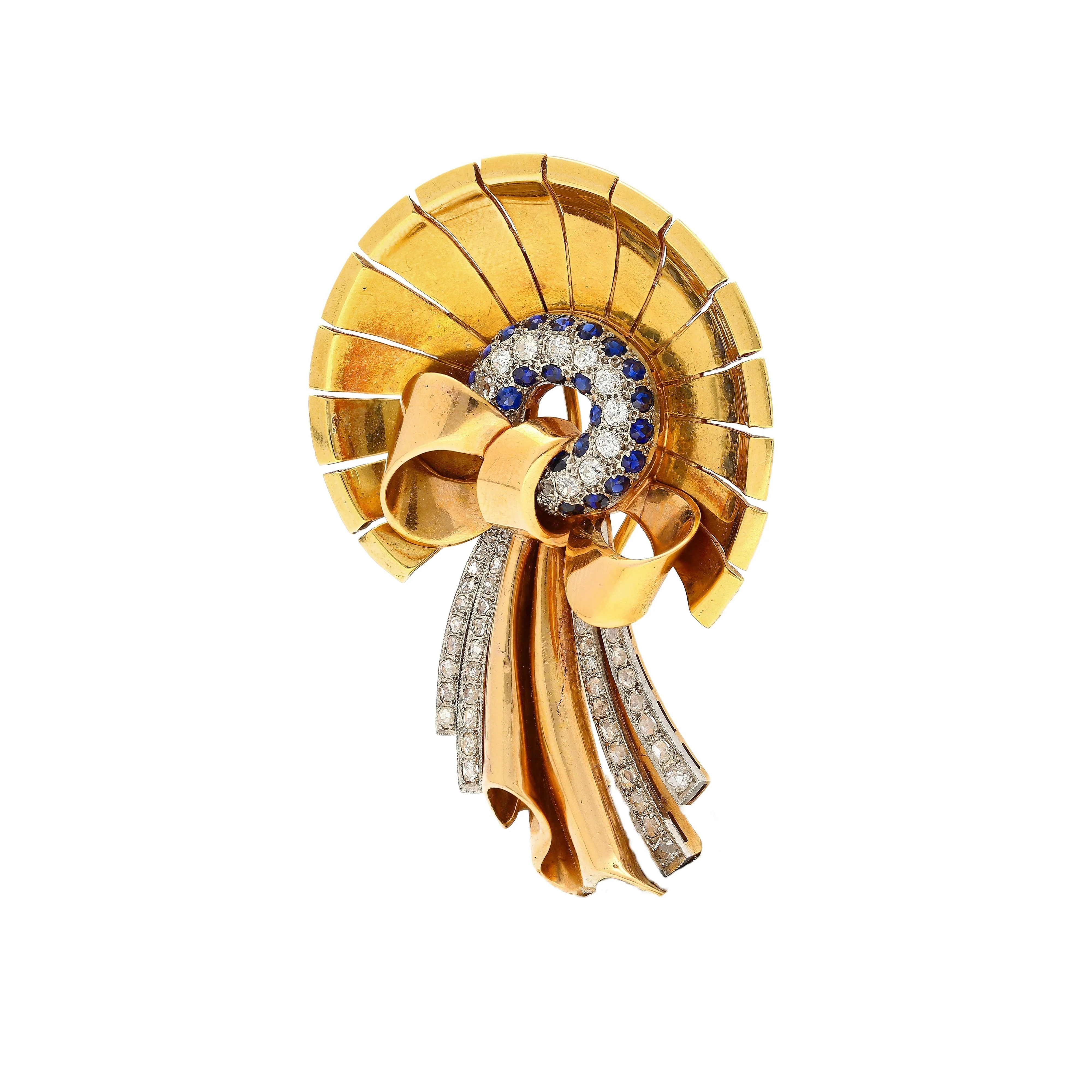 Antique 1940's Diamond & Sapphire Bonnet (Hat) and Ribbon Brooch in 18K Rose & Yellow Gold - Image 8