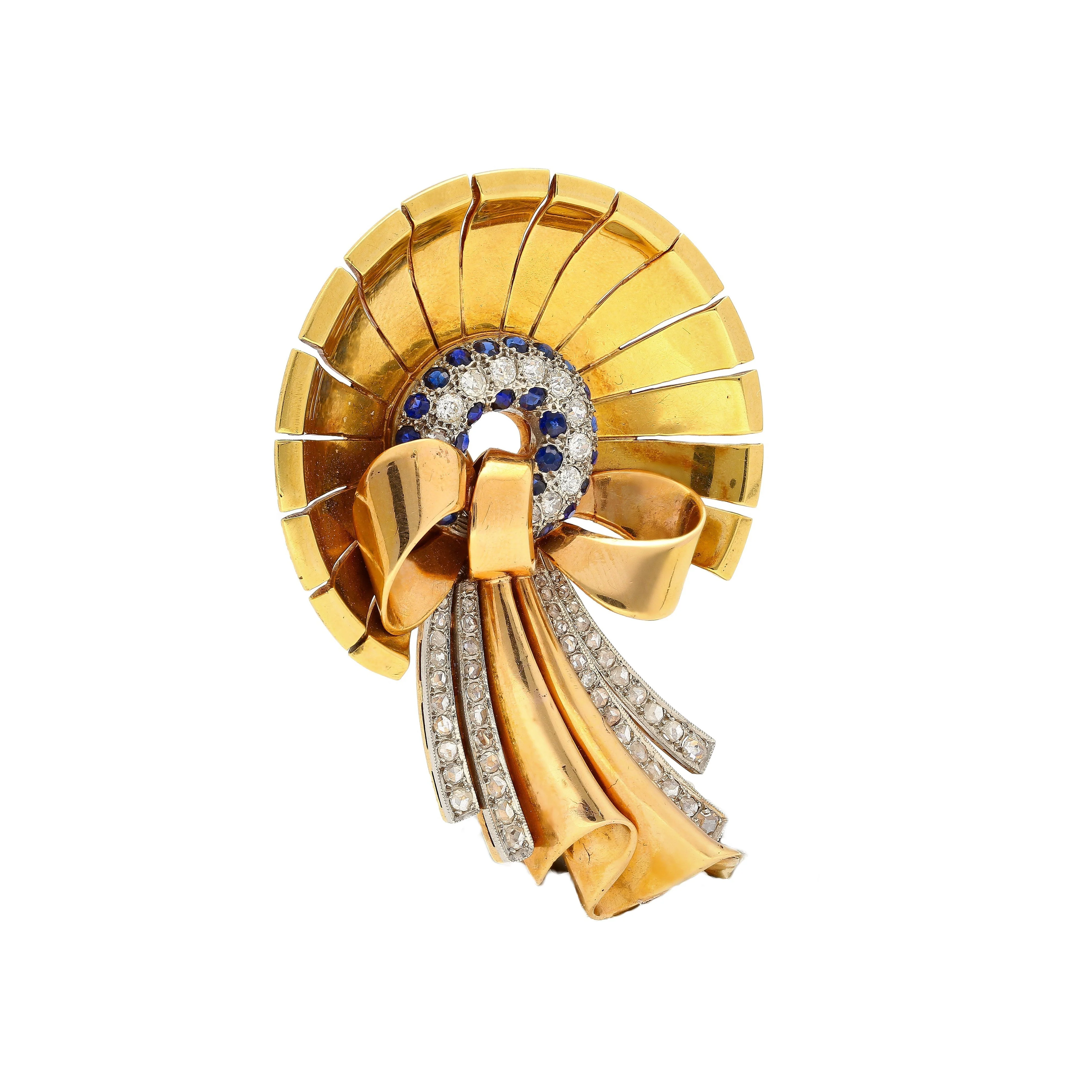 Antique 1940's Diamond & Sapphire Bonnet (Hat) and Ribbon Brooch in 18K Rose & Yellow Gold - Image 9