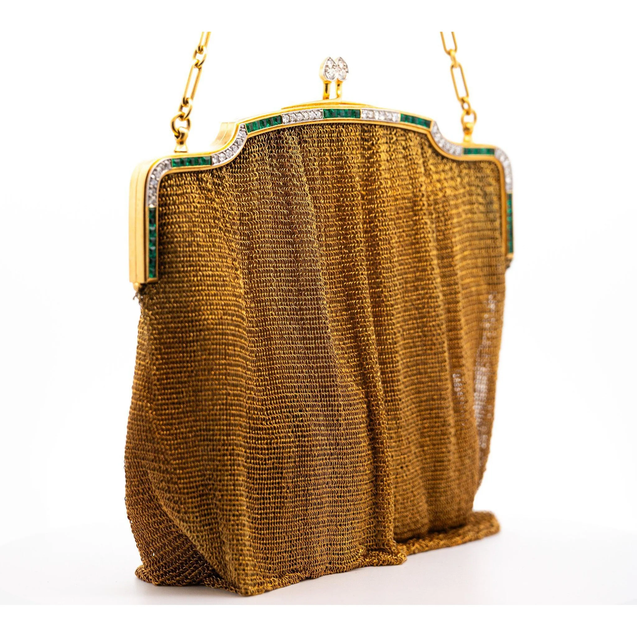Antique Art Deco 18K Gold Mesh Evening Bag With Emerald and Diamond Frame - Image 4
