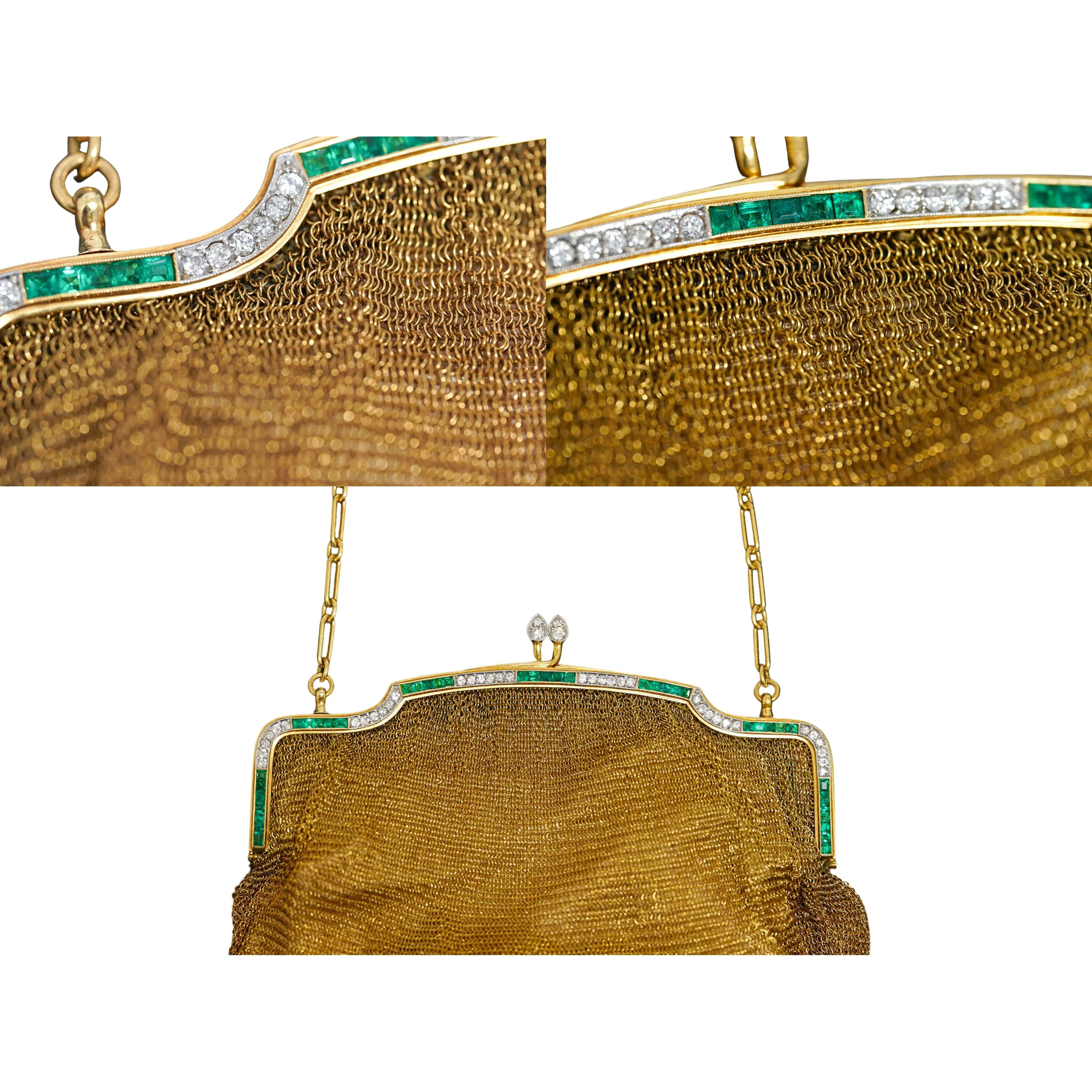 Antique Art Deco 18K Gold Mesh Evening Bag With Emerald and Diamond Frame - Image 8