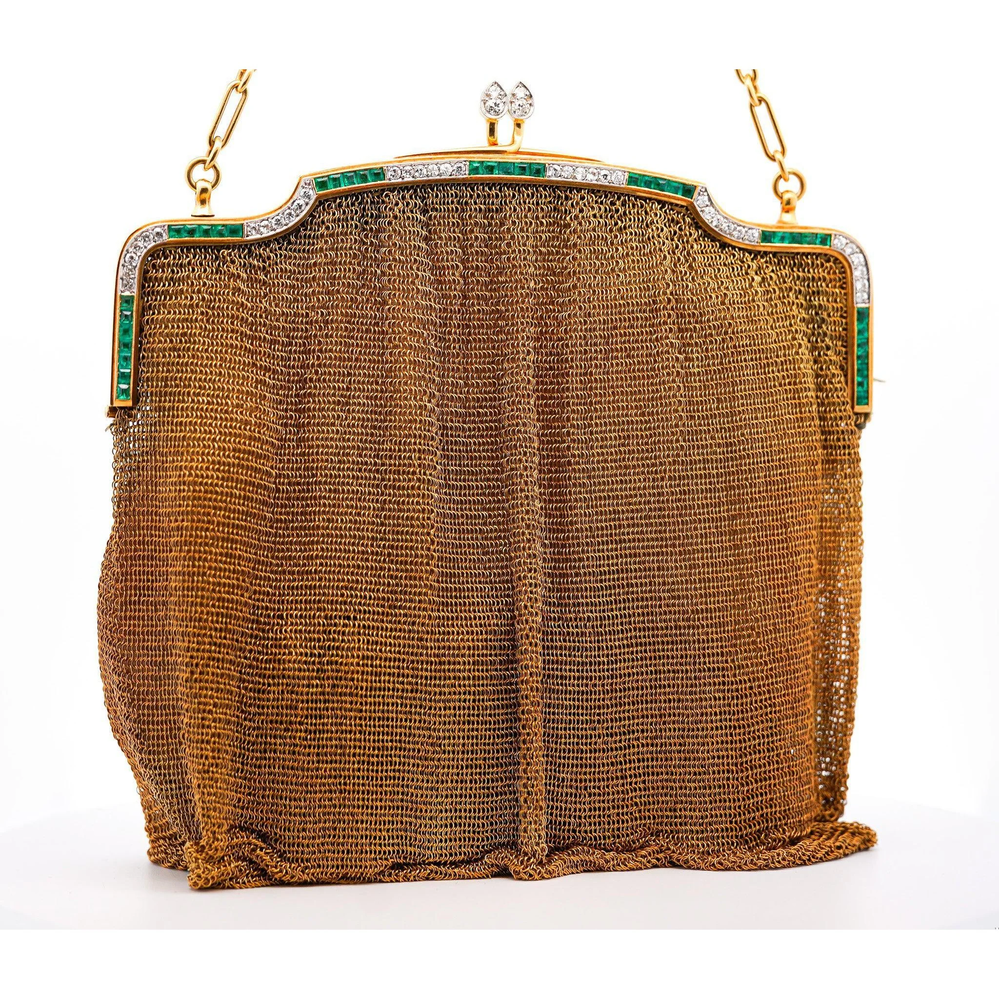 Antique Art Deco 18K Gold Mesh Evening Bag With Emerald and Diamond Frame - Image 9