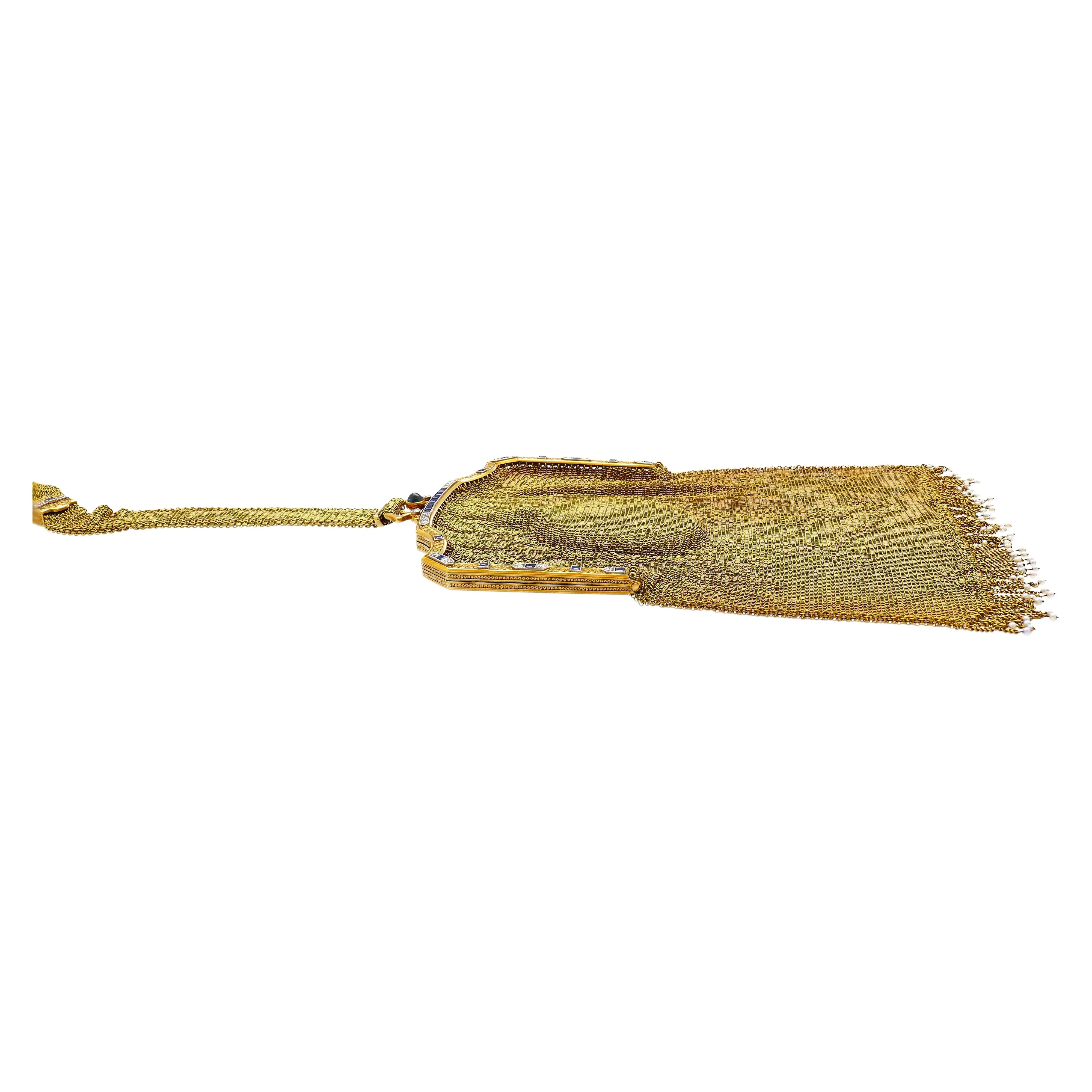 Antique Art Deco Evening Bag In 14k Gold, Platinum, Diamonds and Sapphires With Compact Mirror - Image 4