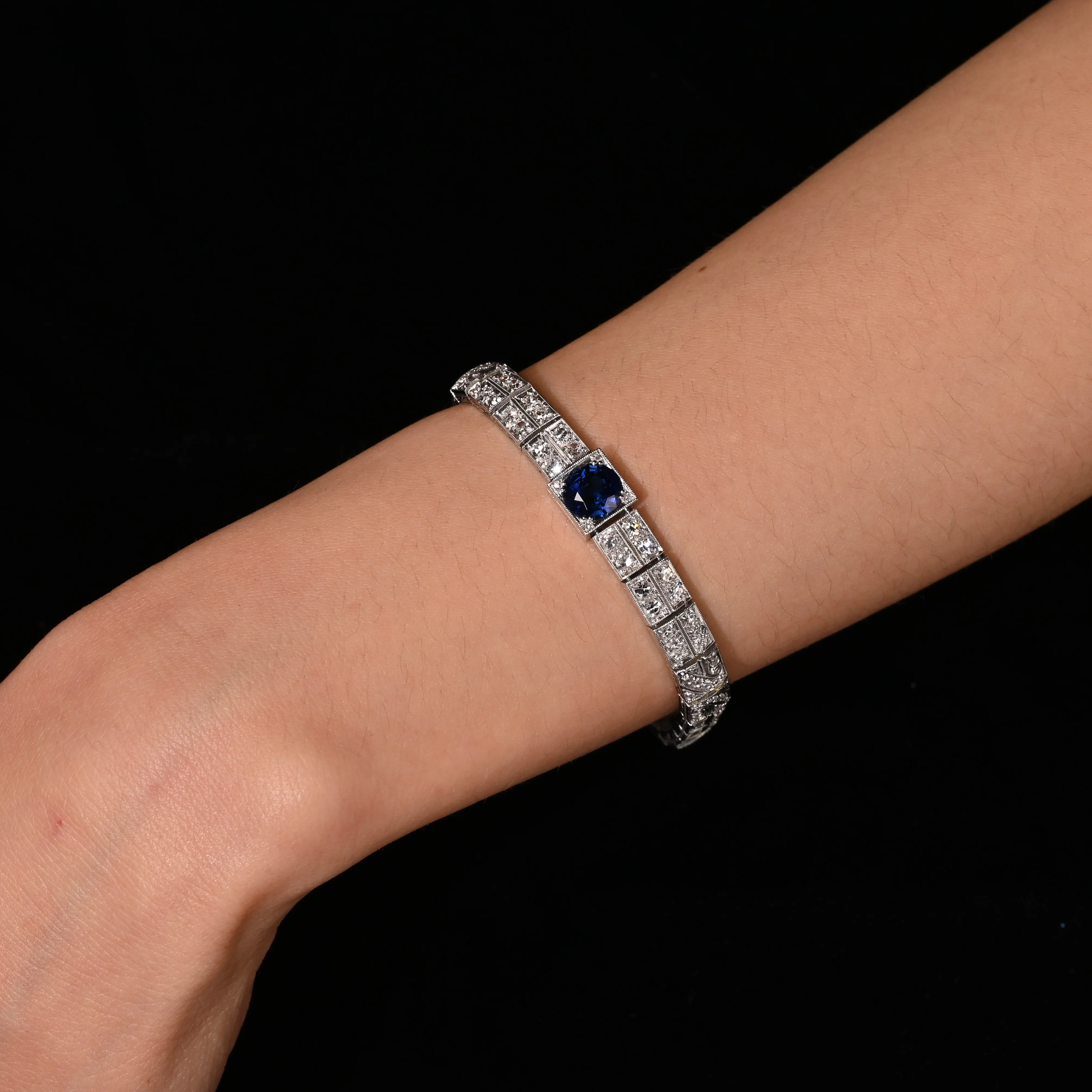 Antique Art Deco Platinum Filigree Blue Sapphire & Diamond Bracelet - Image 13