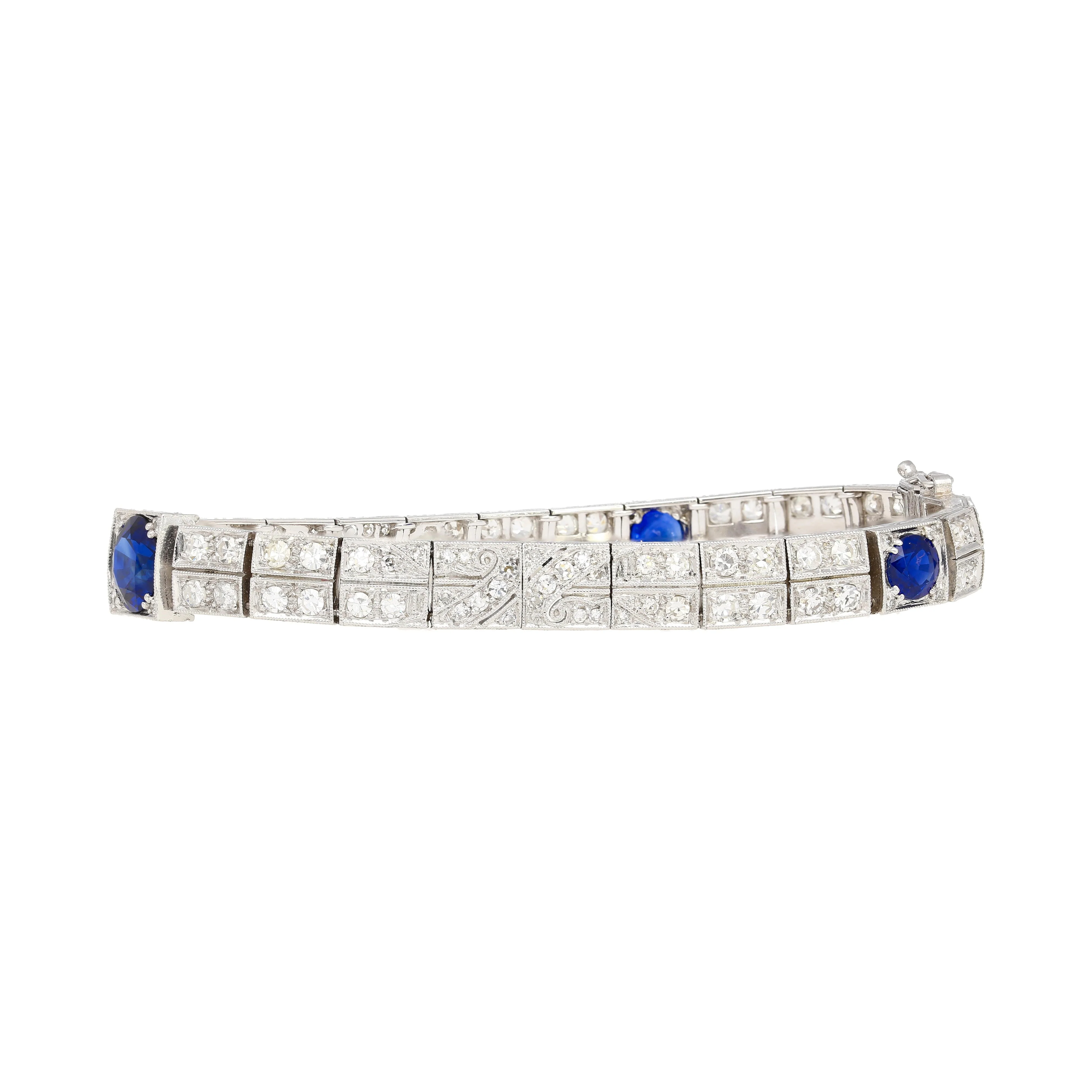 Antique Art Deco Platinum Filigree Blue Sapphire & Diamond Bracelet - Image 7